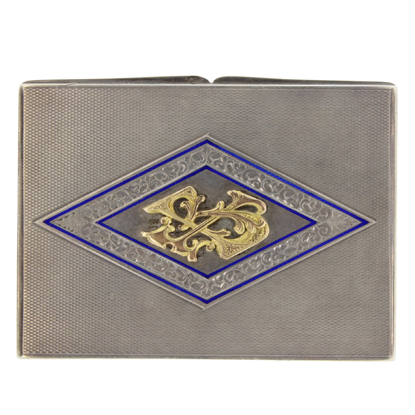 Antique European Silver (900) Card or Cigarette Case with Blue enamelled central design: Engine Turned Front with Gold (375) Motif at centre Size Weight 116.16gms. 9x6.5cms Medium Cigarette Cases Exhibited Silver & Vertu