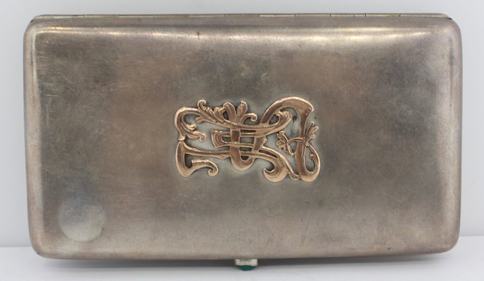 Vintage Russian Silver (875) Cigarette Case with Cabochon Emerald Button & Gold (375) Ornamentation - 2