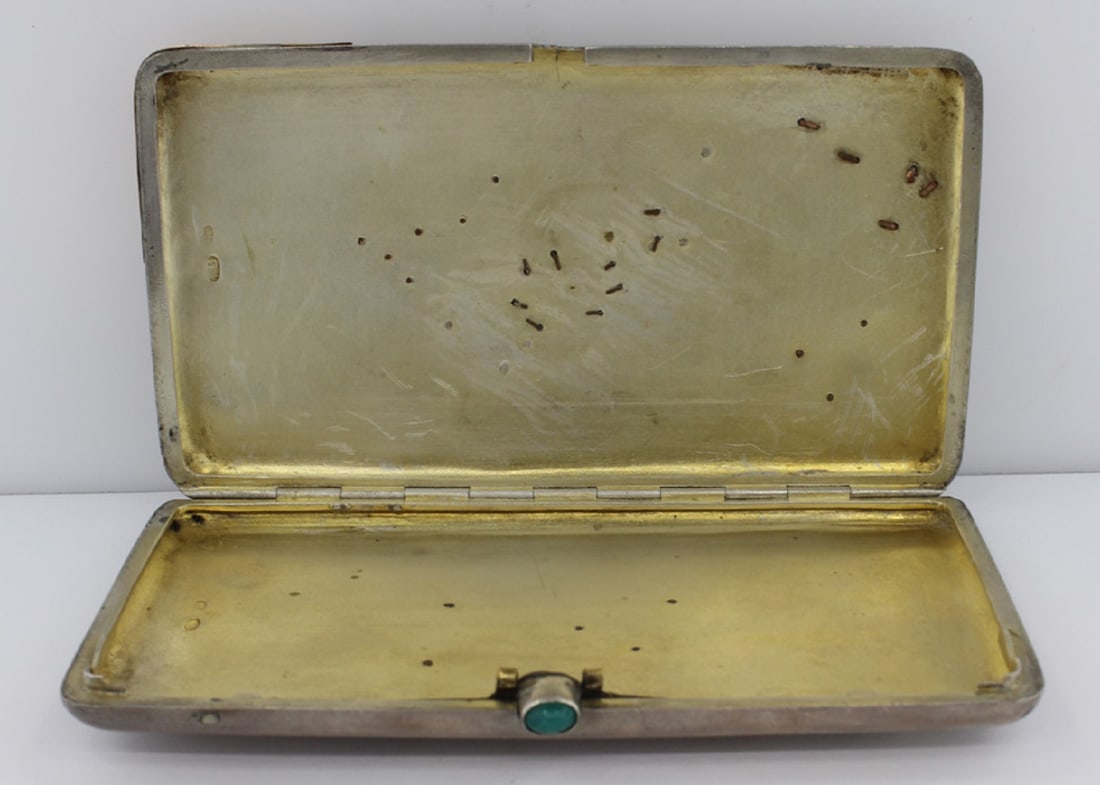 Vintage Russian Silver (875) Cigarette Case with Cabochon Emerald Button & Gold (375) Ornamentation - 3