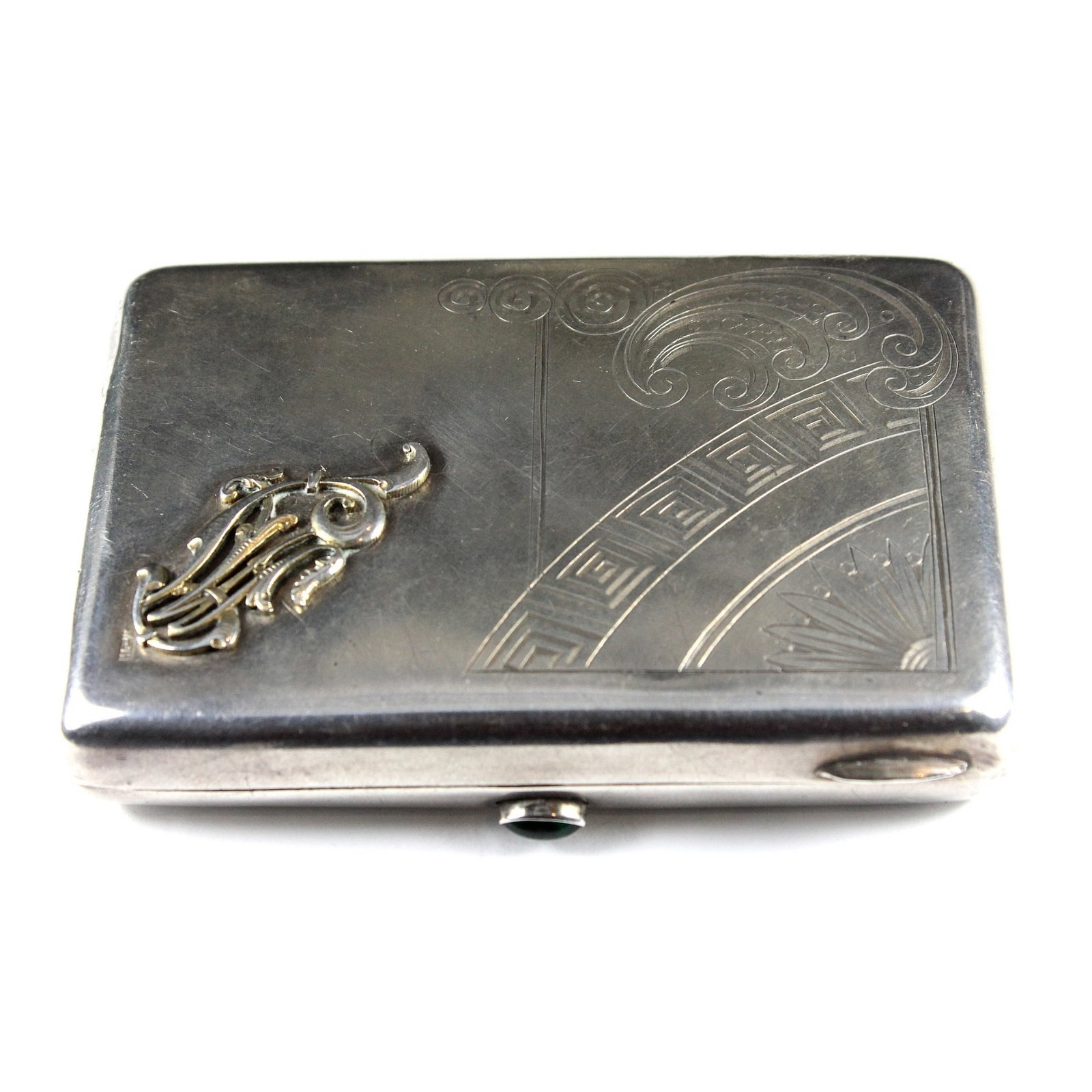 Antique Russian (875) Silver Cigarette Case with Emerald button: Incised design augmented with personalised letters. Stamped 84 Size Weight 112gms. 9x6.5cms Medium Cigarette Cases Exhibited Silver & Vertu