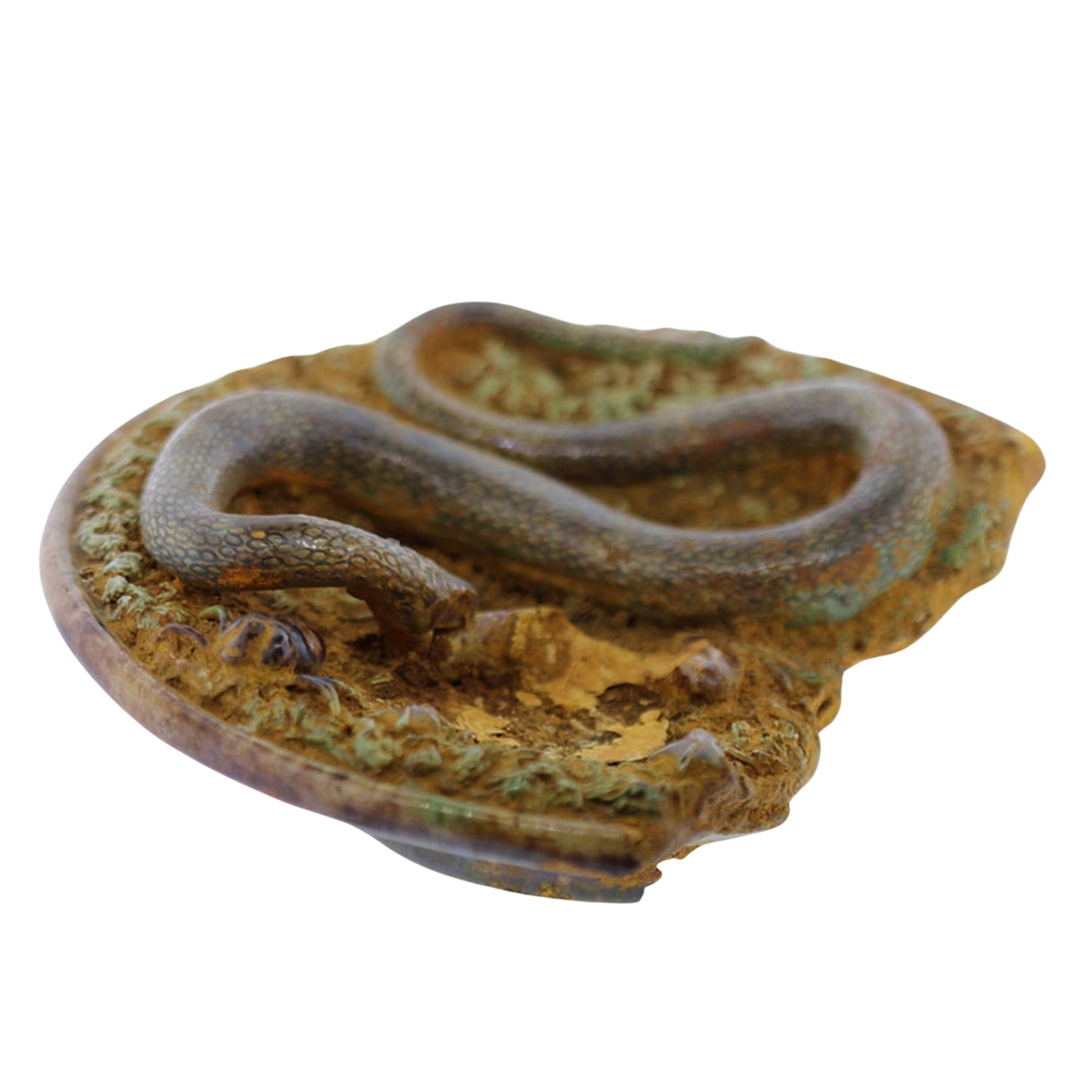 Portuguese Trompe L'oeil Ceramic Dish recovered from the shipwreck of the Royal Mail Steamer 'Douro': Originally 21cms in diameter it is marine encrusted and missing a large section as well as some of the decoration which featured a snake, a beetle and a frog. Size Diameter 21cms Medium Ceramics &