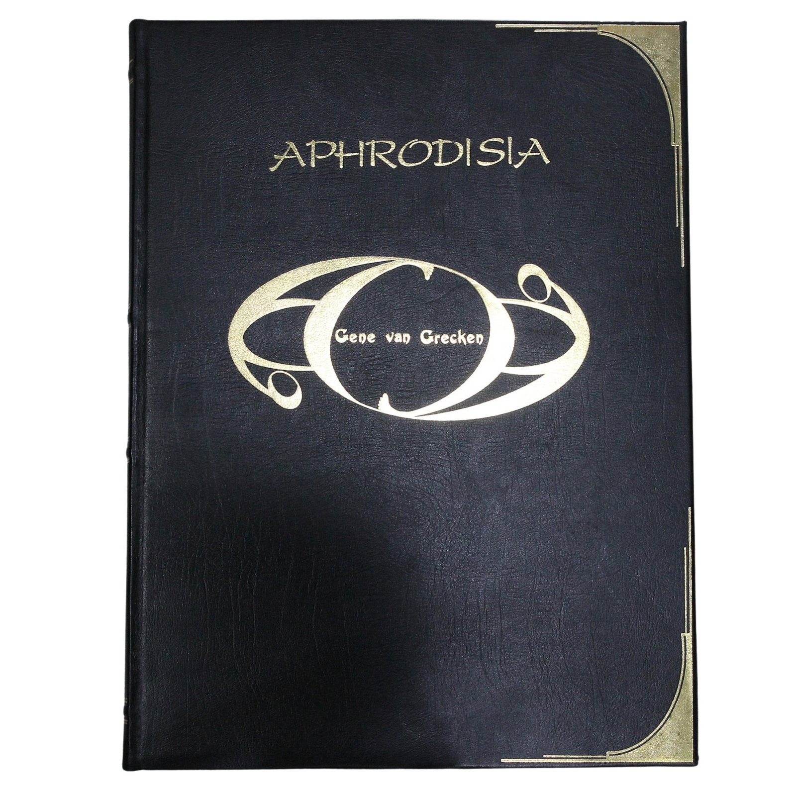 Gene van Grecken, 'Aphrodisia' Leather Bound 1986 First Edition: A limited Edition of just 200 Books containing 52 original 'erotic' plates. This book is numbered No.52 Size 58x43cms Condition Scrape to back leather cover of book,Will require extra Courier cost Med
