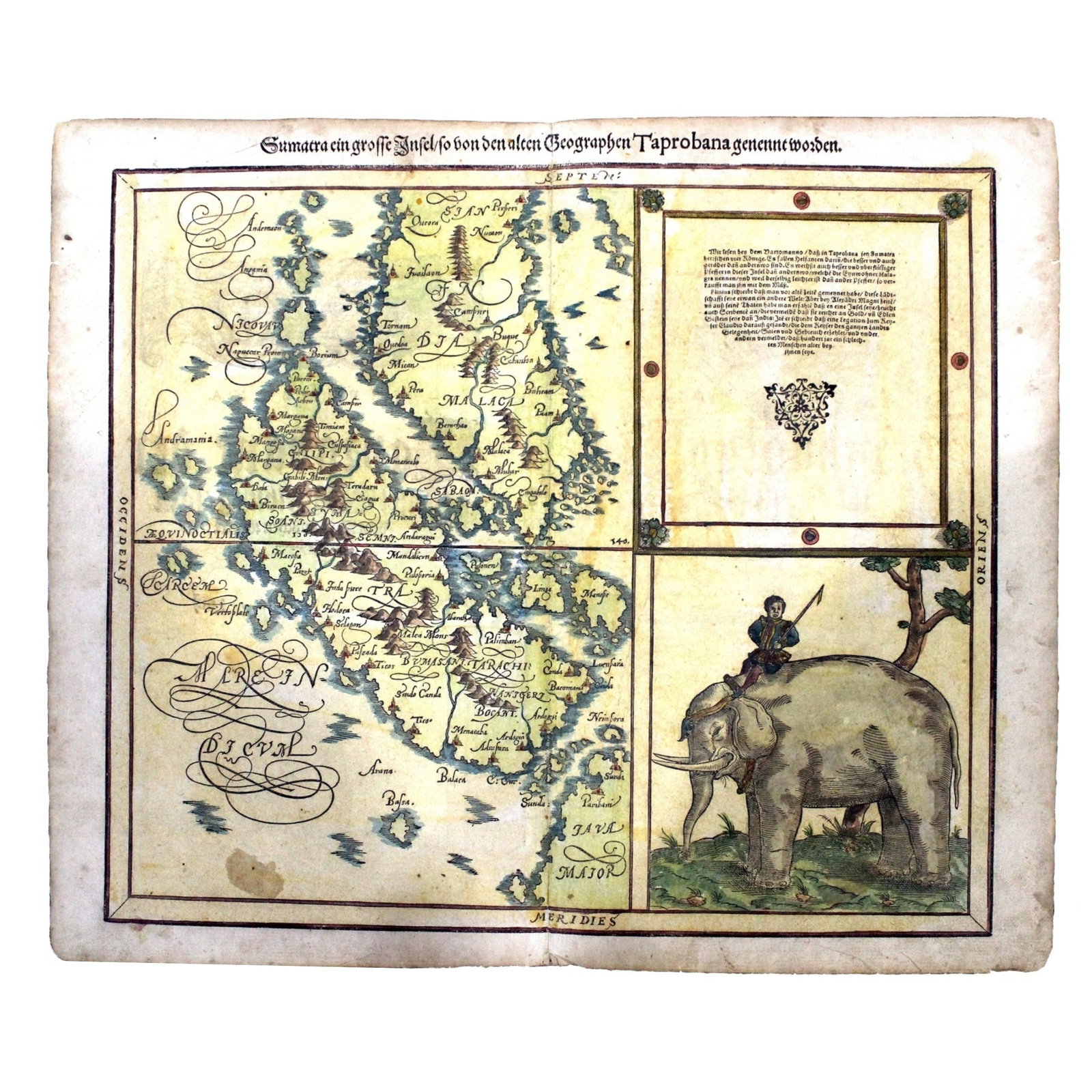 Sebastian Munster's 1628 Coloured Woodcut print of the Island of Sumatra, about Extremely Fine: . Size 41cm x 34cm Condition Tear to border does not affect the fabric of the map. Medium Maps, Antique