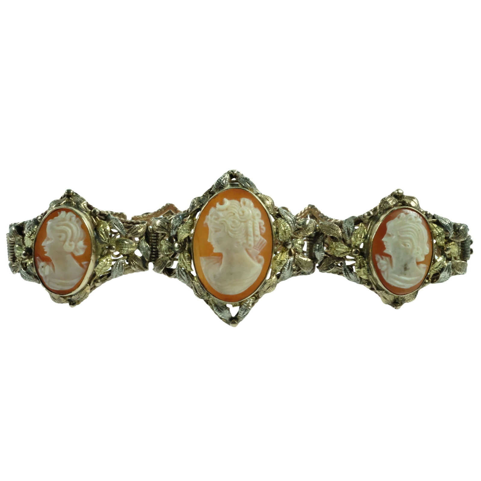 Antique Shell Cameo Bracelet in 9ct Multi-coloured Gold: Exquisite Floral Design Size Total weight 22gms Medium Jewelry Exhibited General