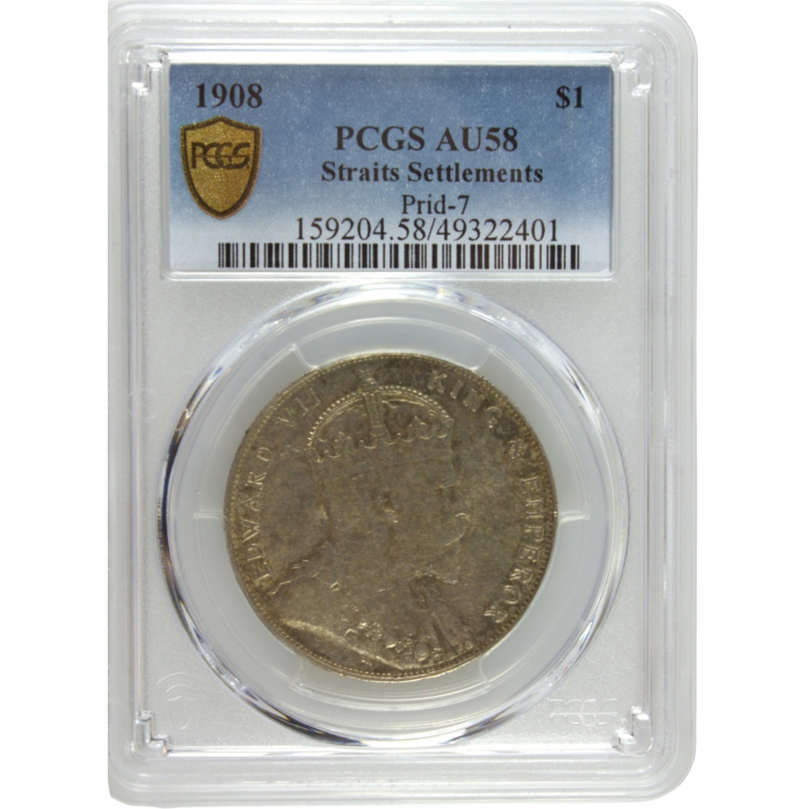 Straits Settlements 1908 Dollar, PCGS AU58: Edward VII Medium Coins, Monies & Stamps Exhibited Coins, Asia