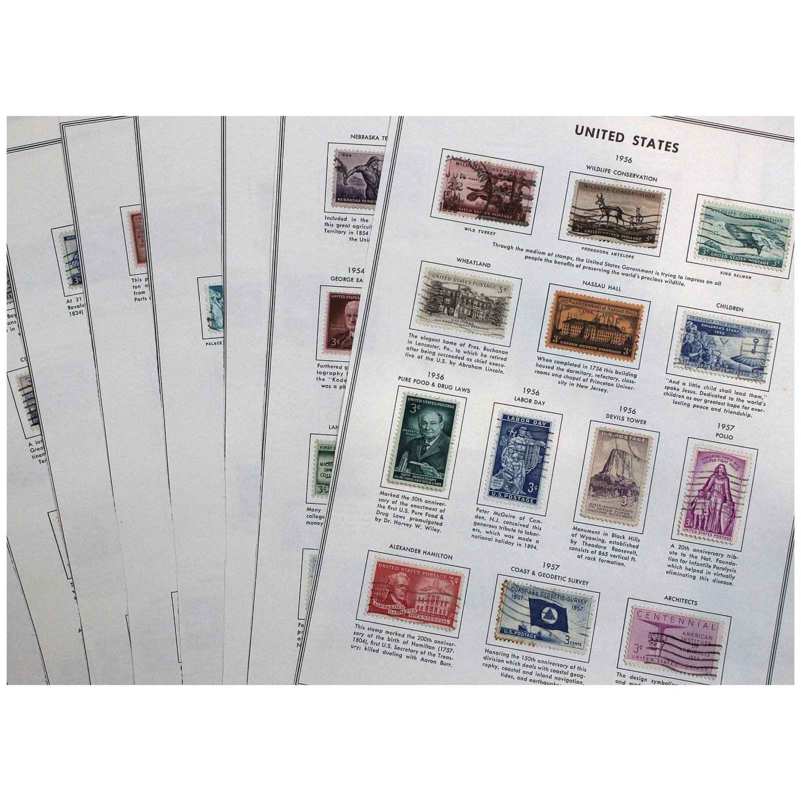 U.S.A. Selection of Stamps issued between 1950 - 1958, (118 stamps): Used condition & a few with rust evident , All hinged to album page Medium Coins, Monies & Stamps
