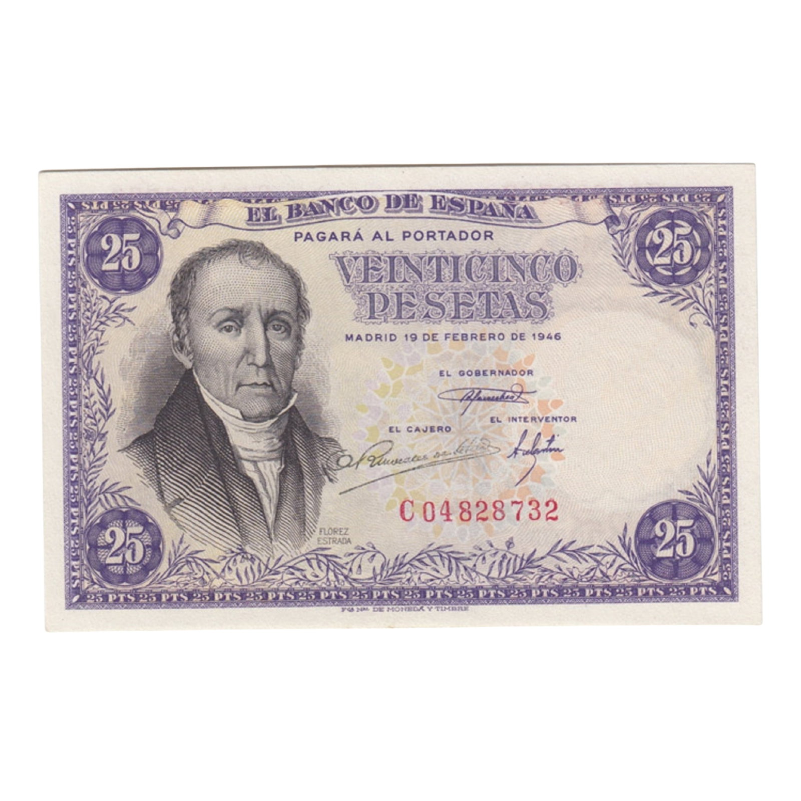 Spain '19 February 1946 25 Pesetas (1948), Uncirculated OPQ: Pick# 130 : Serial# Co4828732 Condition O(riginal) P(aper) Q(uality) Medium Coins, Monies & Stamps Exhibited Paper Money, Europe