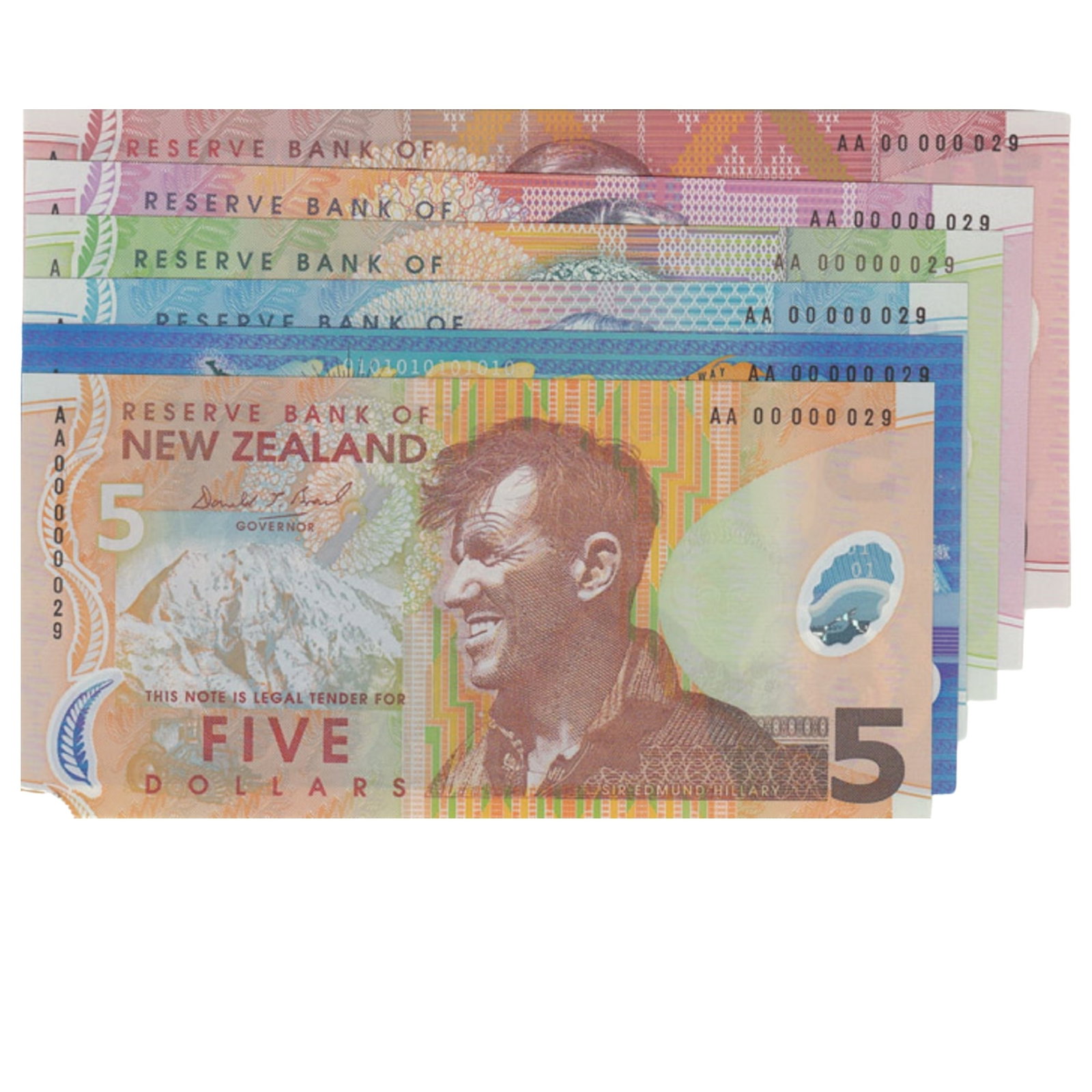 New Zealand Low Serial No, $5, $10, $10 (Millennium), $20, $50 & $100 (2000), Uncirc OPQ (6 notes): Pick# 185b, 186b,190a, 187b, 188b & 189b : Matching Serial# AA00 000029 - Mintage of all notes 817 Condition O(riginal) P(aper) Q(uality) Medium Coins, Monies & Stamps