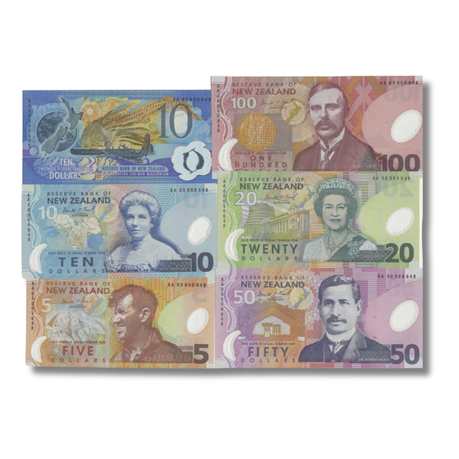 New Zealand $5, $10, $10 (Commemorative), $20, $50 & $100 (2000), all Uncirculated (6 notes): Pick# 185b, 186b, 190a, 187a, 188b & 189b. Matched Serial Set numbered AA00000648 Condition Original Paper Quality Medium Coins, Monies & Stamps