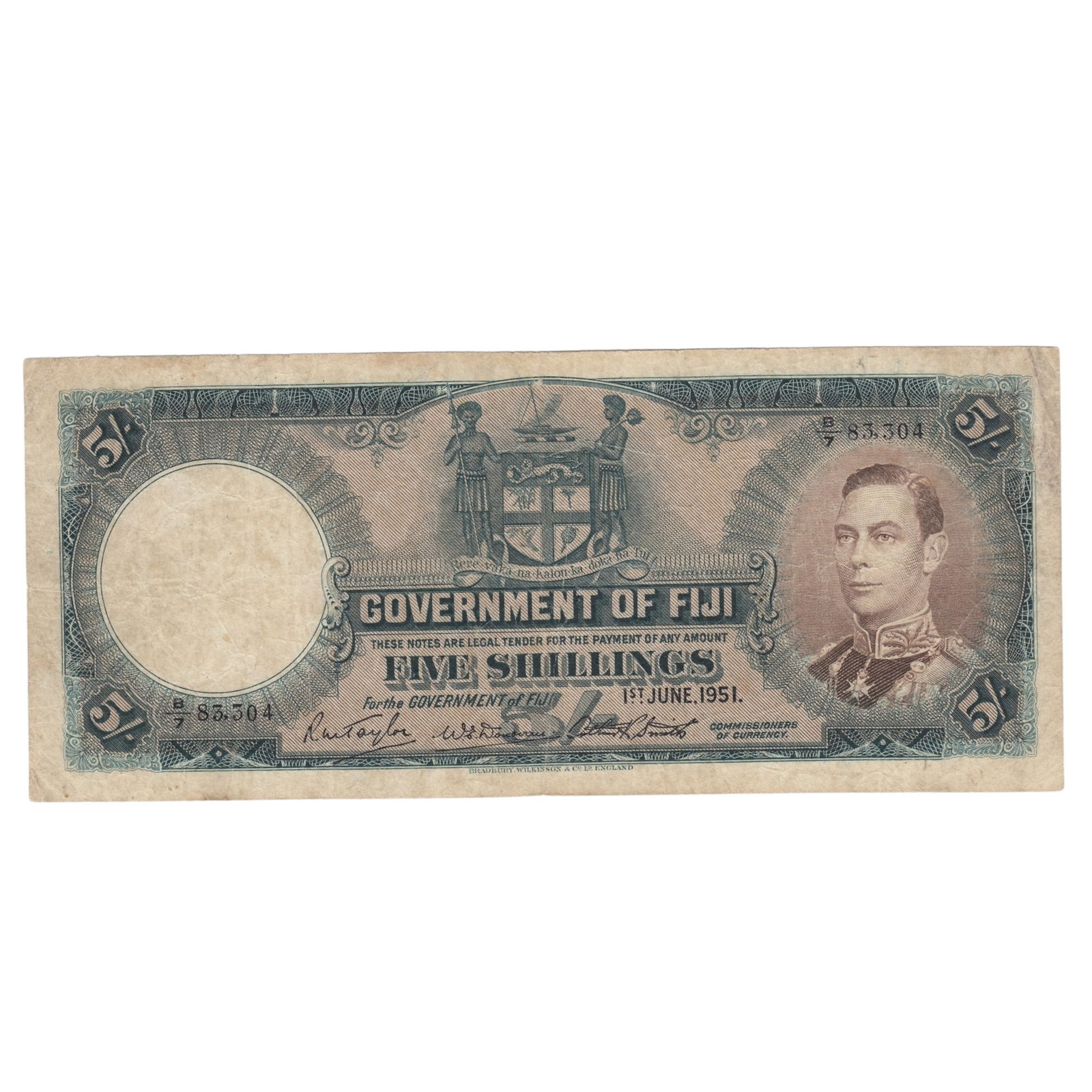 Fiji '1st June 1951' 5/-, good Fine: Pick# 37k : Serial# B/7 83,304 Medium Paper Money, South Pacific