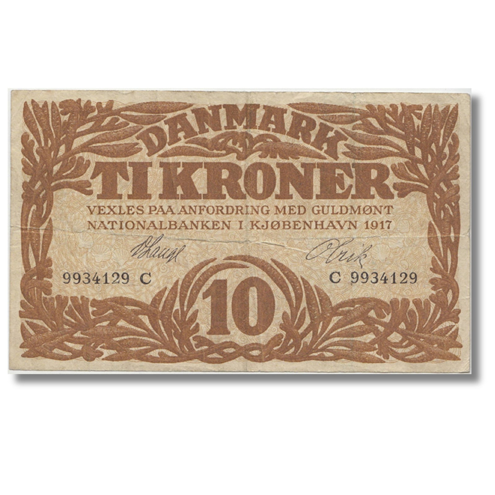 Denmark 1917 10 Kroner - C Prefix, about Very Fine: Pick# 21f. Scarce Serial: C9934129 Medium Coins, Monies & Stamps Exhibited Paper Money, South Pacific
