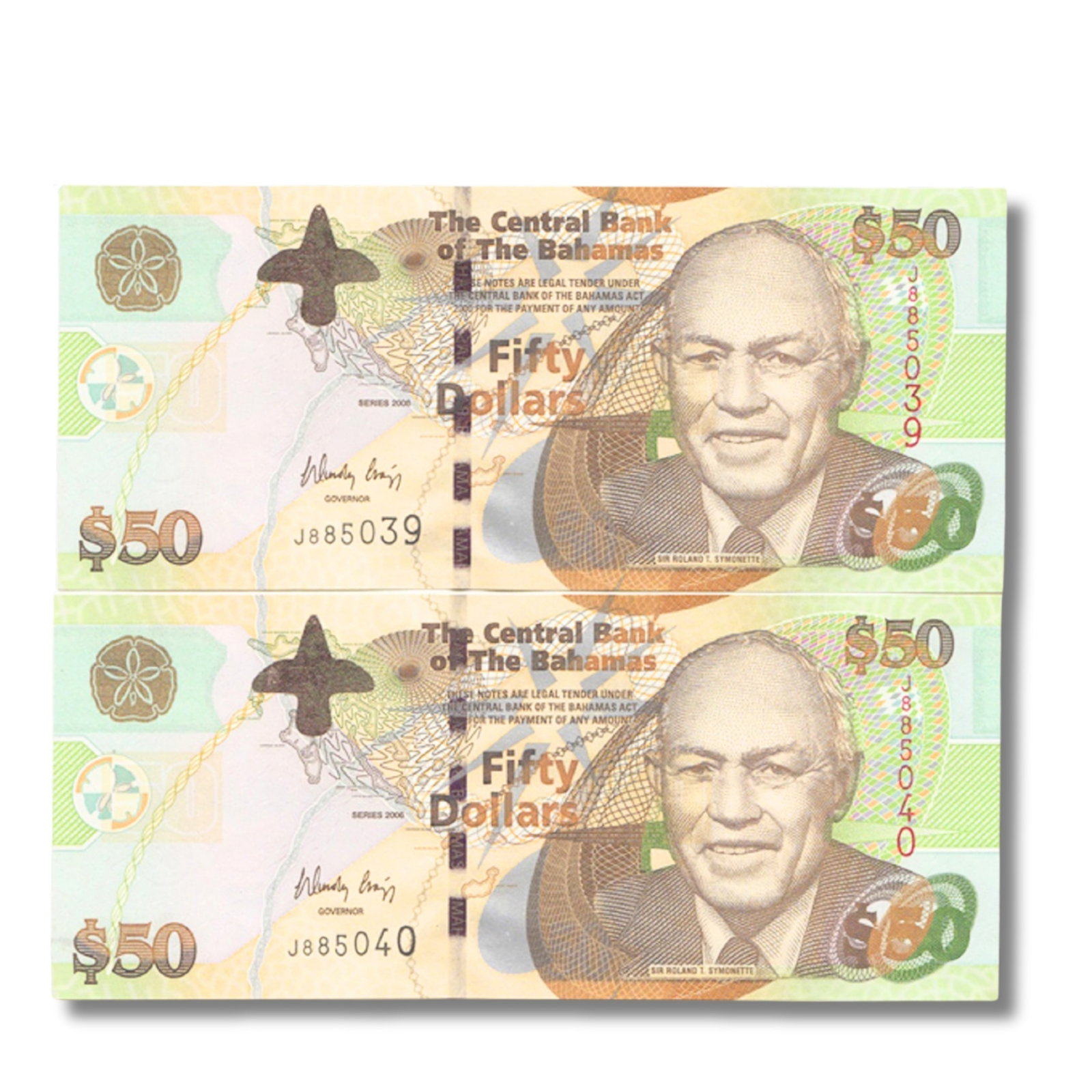 Bahamas 2006 $50, Uncirculated OPQ (Consecutive Pair): Pick# 75 : Serial#J885039-40 Condition O(riginal) P(aper) Q(uality) Medium Coins, Monies & Stamps