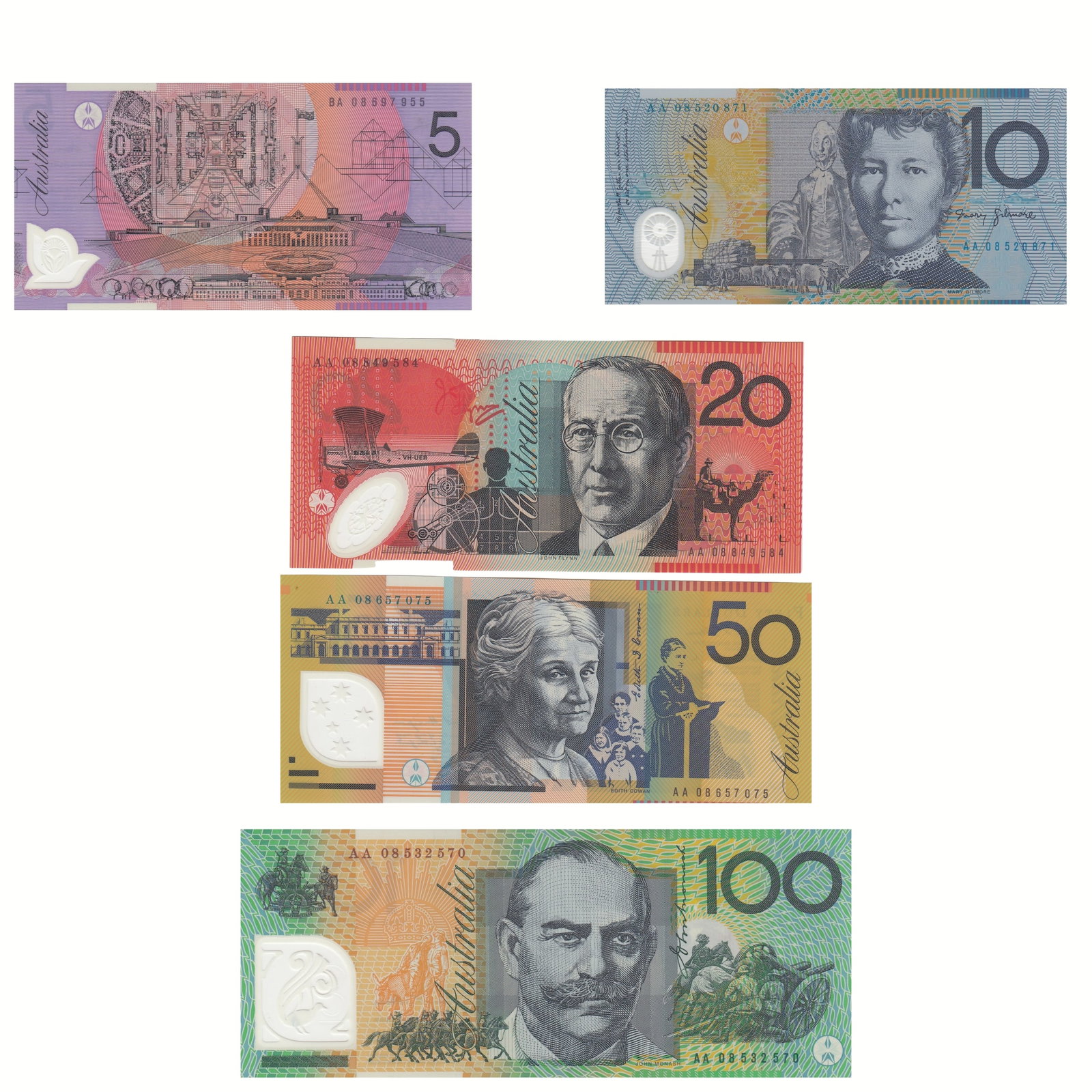 Australia 'Stevens - Henry' First Prefix $5, $10, $20, $50 & $100 (2008), Uncirculated: Renniks# 221bF, 321bF, 421bF, 521bF & 521aF : Serial# $5 BA08 697955, $10 AA08 520871, $20 AA08 849584 & $50 AA08 657075 & $100 AA08 532570 Medium Paper Money, Australia & New Zealand