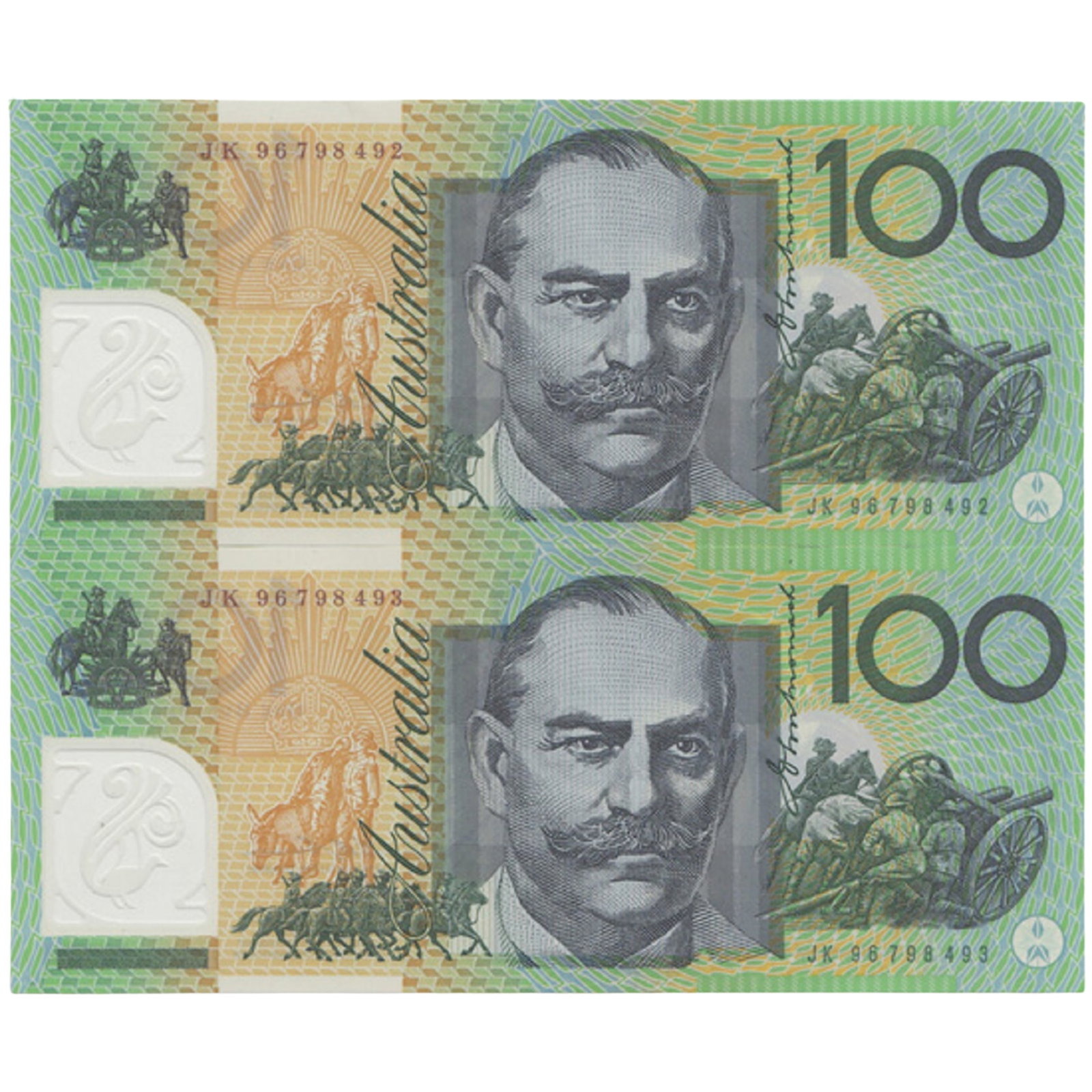 Australia 'Fraser - Evans' JK96 - Last Prefix $100 (1996), Uncirculated (Consecutive Pair): Renniks# 616L : Serial# JK96 798492-3 Medium Paper Money, Australia & New Zealand