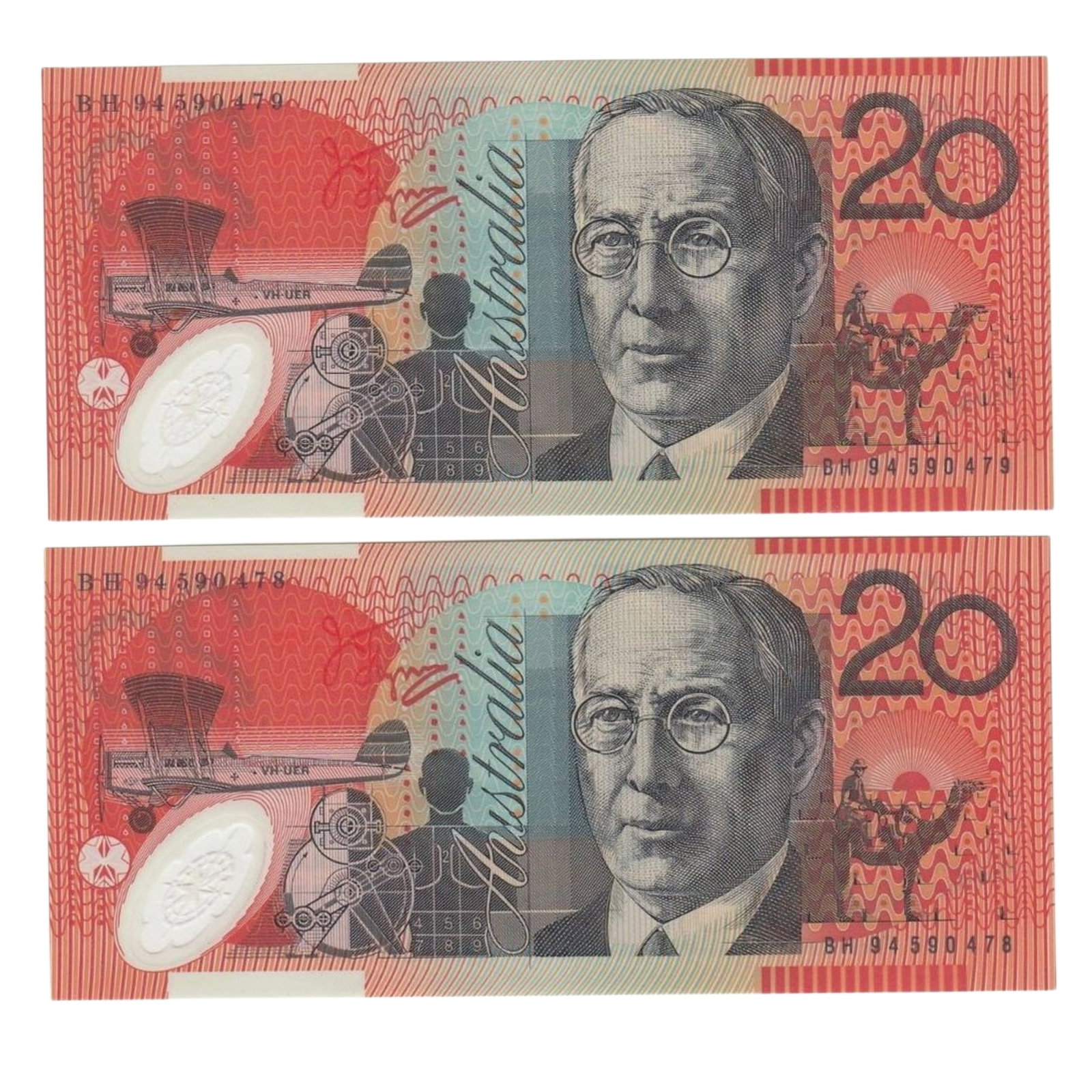 Australia 'Fraser - Evans' General Prefix $20 (1994), Uncirculated (Consec Pair): Renniks# 416a : Serial# BH94 590478 - 9 Medium Coins, Monies & Stamps Exhibited Paper Money, Australia & New Zealand