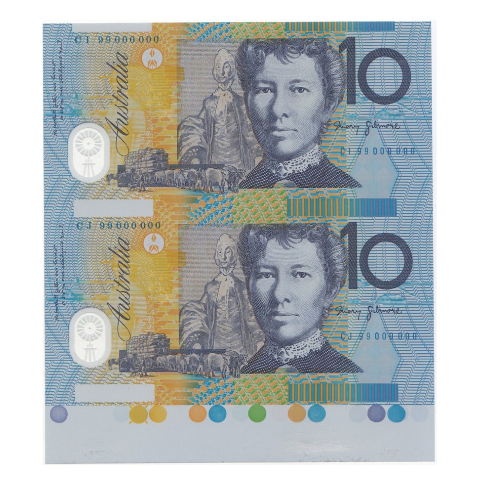 Australia 'McFarlane - Evans' Uncut Pair of Specimen Serials $10 (1999), Uncirculated: Consecutive Serial Prefixes 'CI99 000000 & CJ99 000000' Medium Coins, Monies & Stamps Literature Taken from a 'Specimen Sheet' released by the RBA & unissued as a single 'Specimen' Exhibited Paper