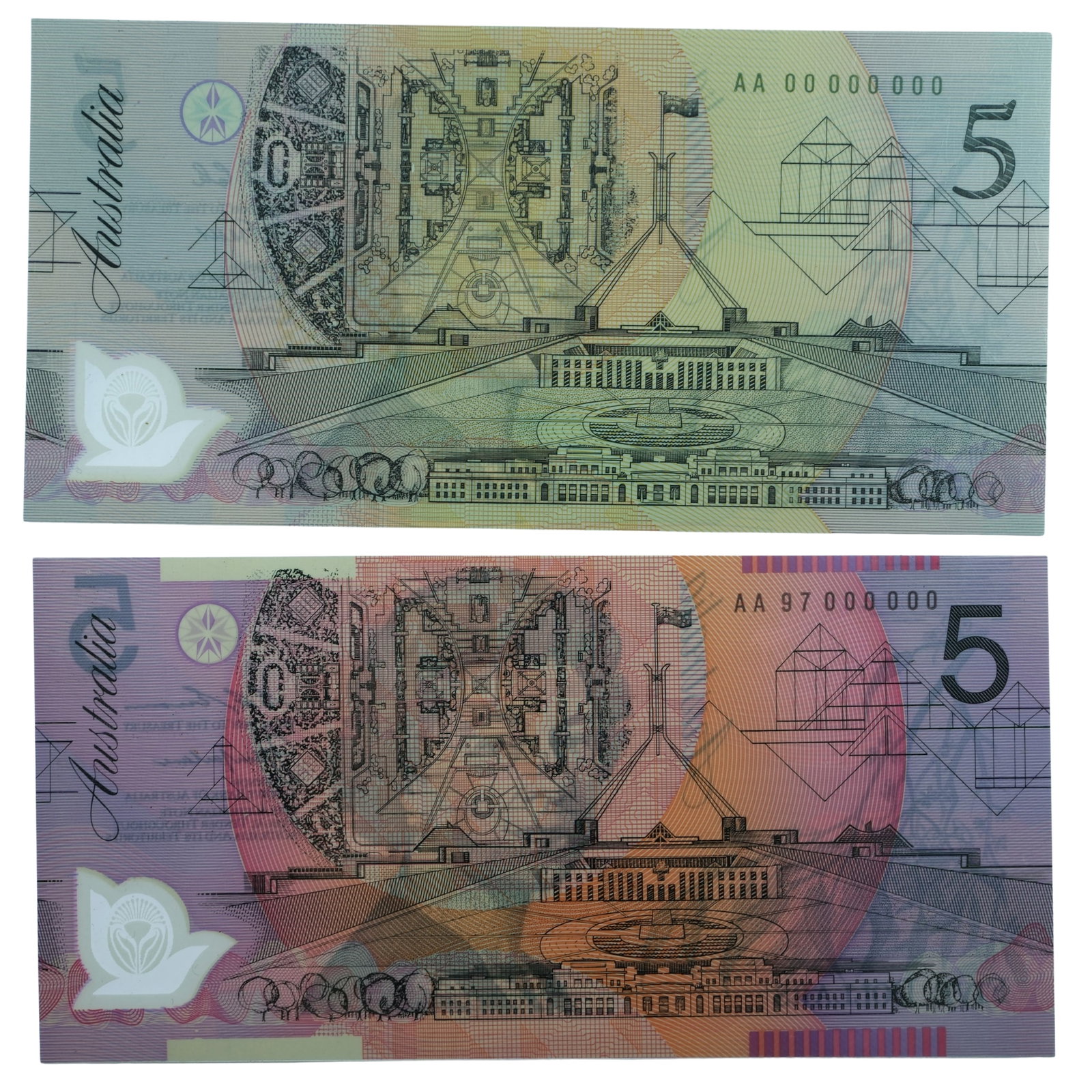 Australia AA00 000000 $5 (1992) & AA97 000000 (1997) Specimen Serial $5's, Uncirculated (2 notes) (1 of 5)