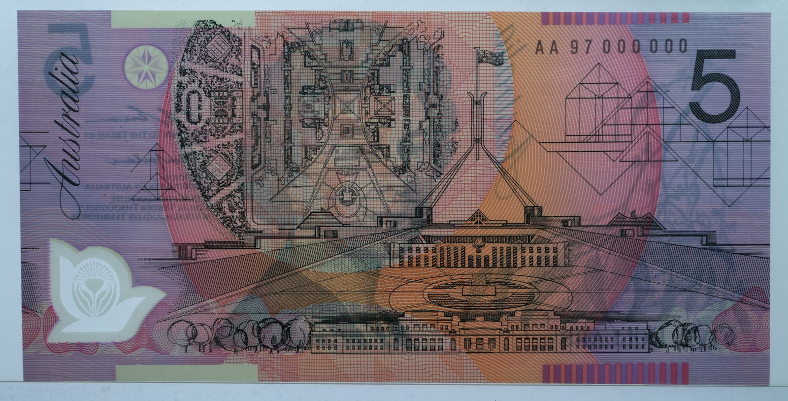 Australia AA00 000000 $5 (1992) & AA97 000000 (1997) Specimen Serial $5's, Uncirculated (2 notes) - 3