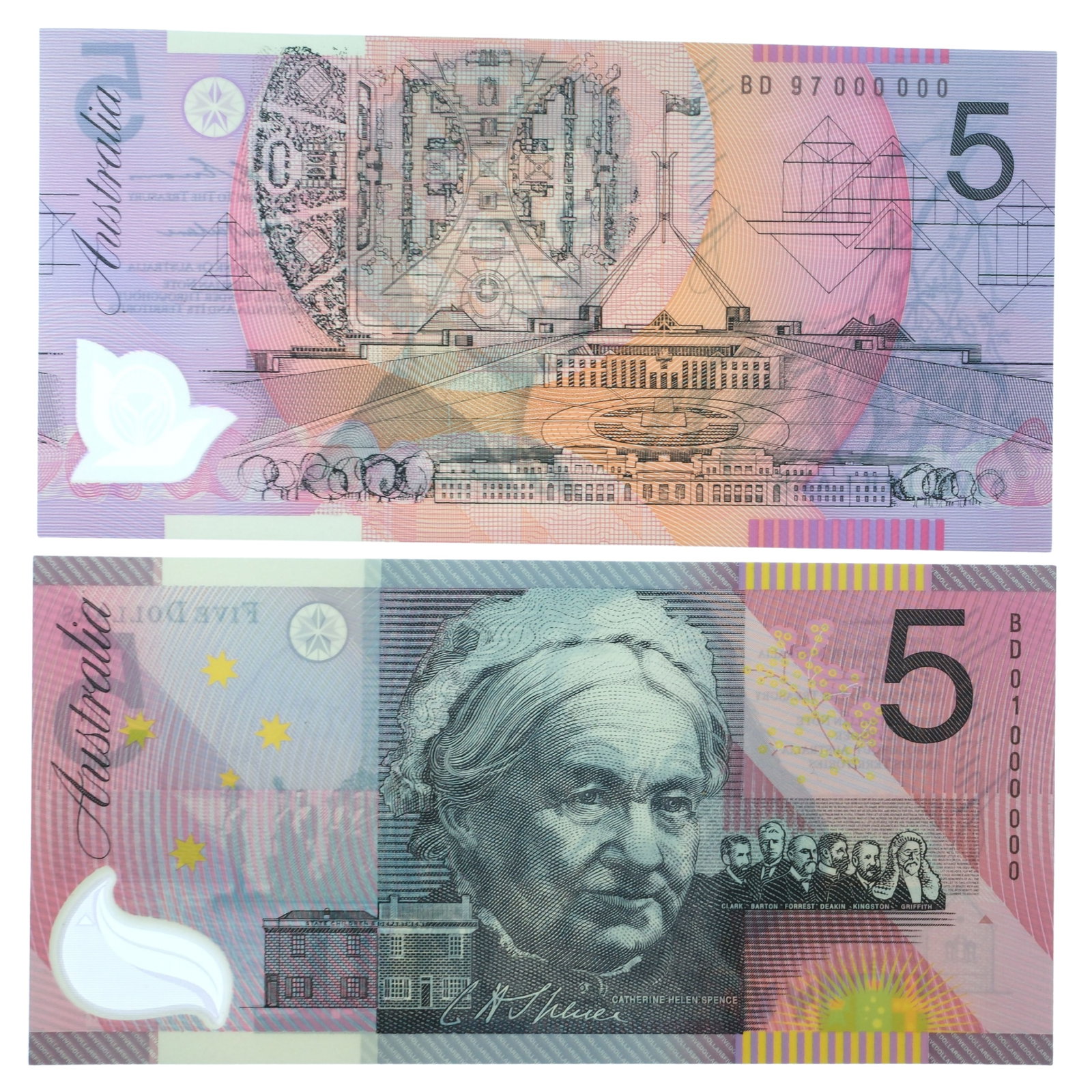 Australia 'Macfarlane - Evans' Specimen Serials BD97 000000 $5 & BD01 000000 $5, Uncirc (2 notes): Renniks# Like 218b & 219F : Matching Prefixes. The Federation $5 was not issued as a Specimen Medium Coins, Monies & Stamps Exhibited Bank Notes