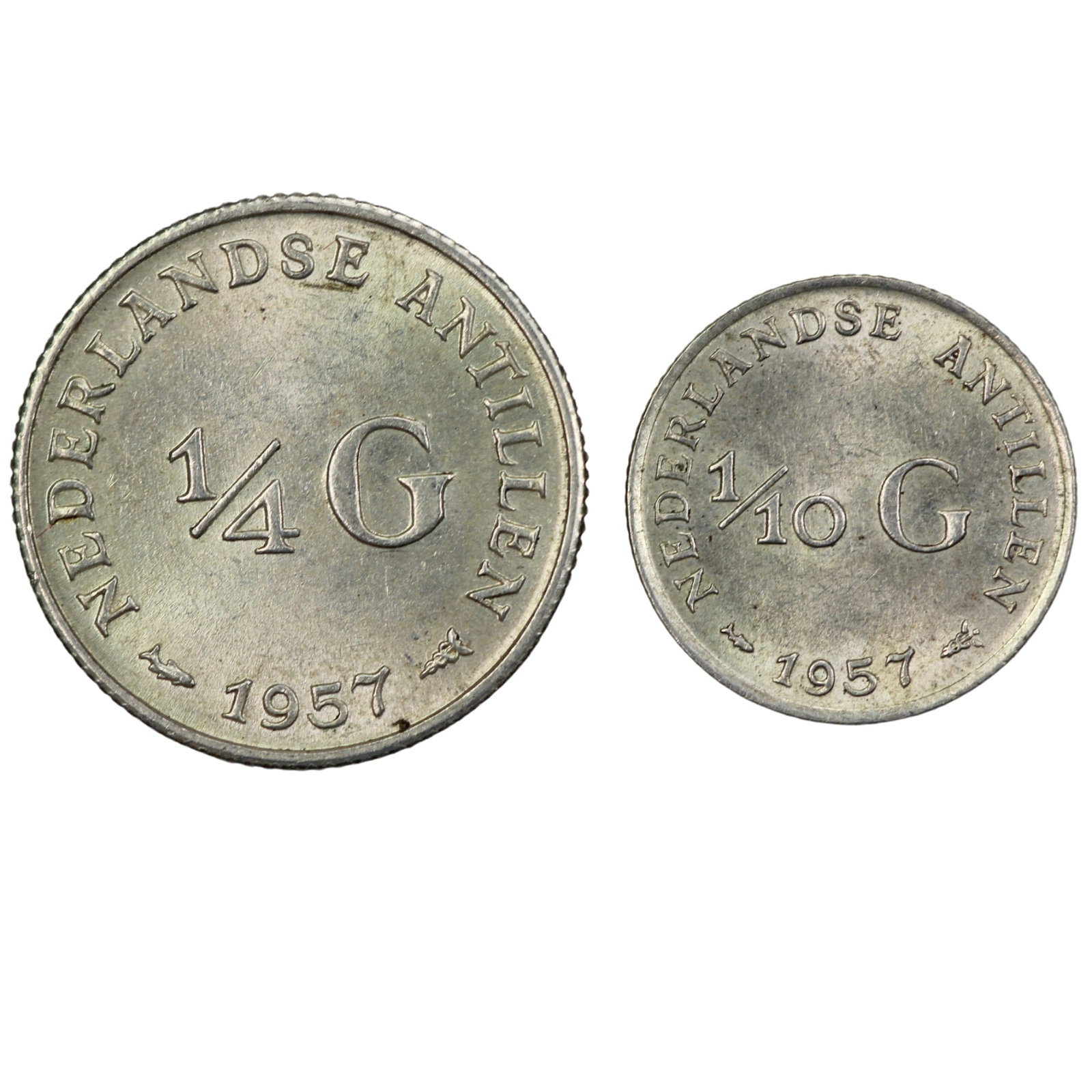 Netherlands Antilles 1957 Silver (0.640) 1/10 & 1/4 Gulden, Choice Uncirculated (2 coins): . Medium Coins, Monies & Stamps