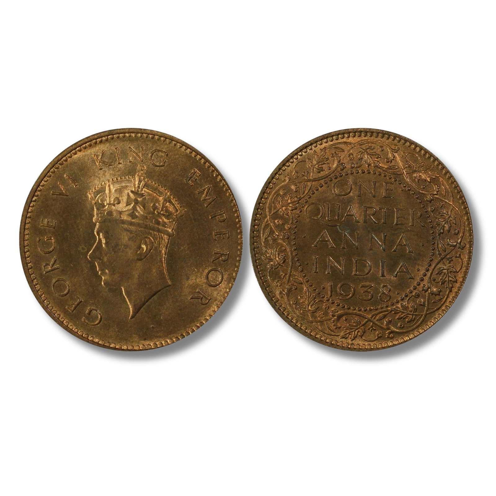 India 1938 C 1/4 Anna, PCGS MS64 RB: George VI Medium Coins, Monies & Stamps Exhibited World Coins