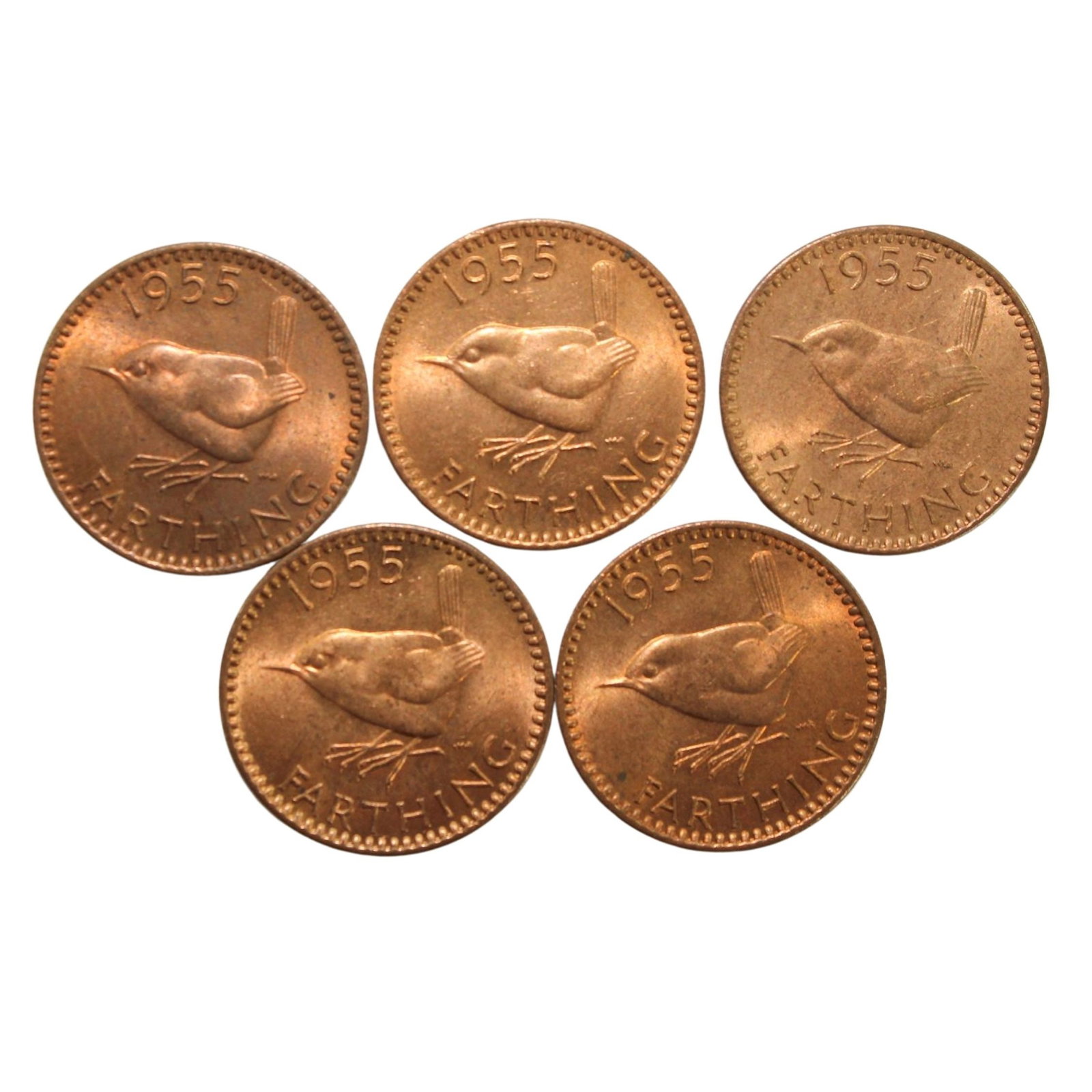 Great Britain 1955 'Wren' Farthings, Brilliant Uncirculated (5 coins): Visitors to the Sydney Royal Easter Show in the 1960s often found a 'Wren' farthing included as an item in the show bags. To this day many adults relying on this 'misty' memory insist that farthings