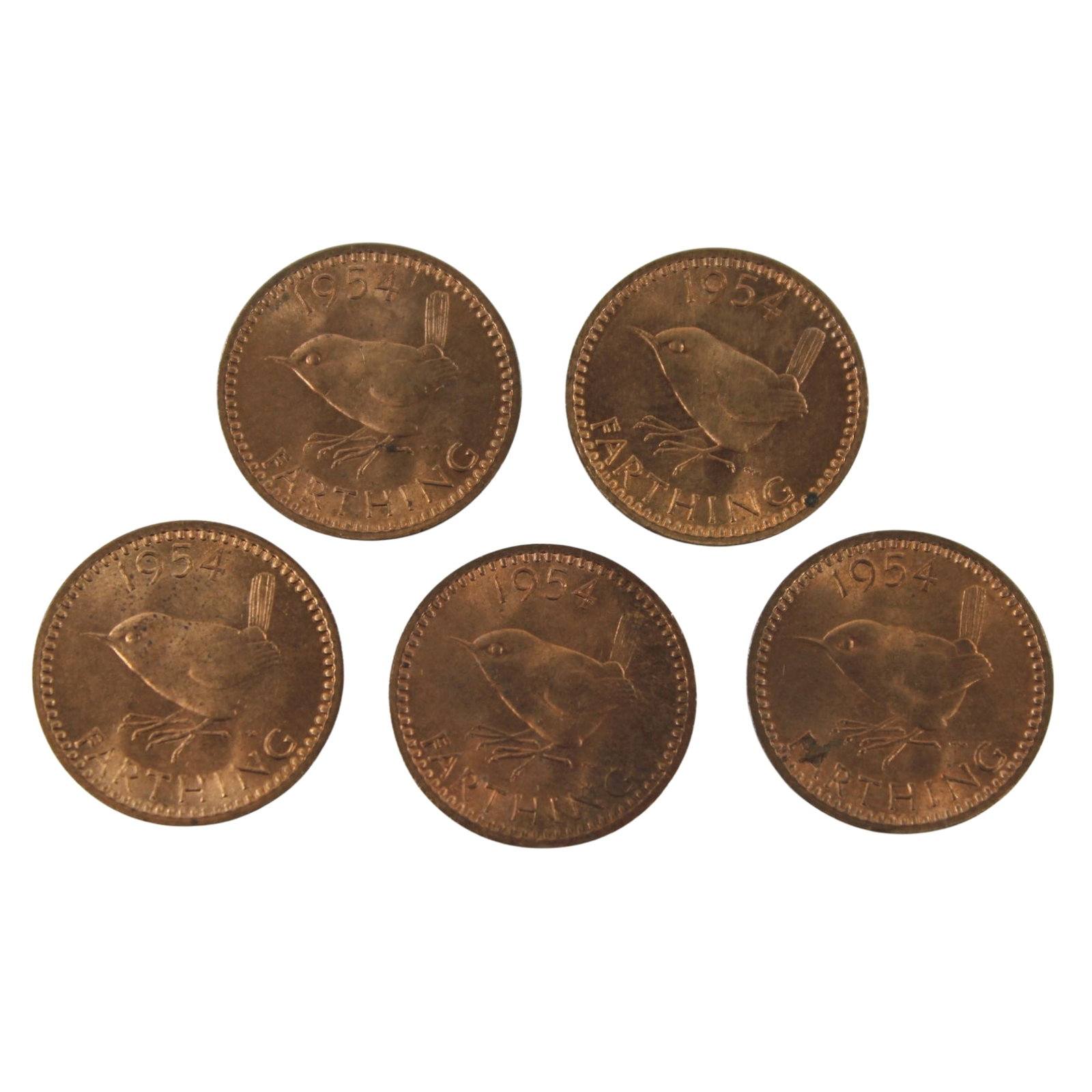 Great Britain 1954 'Wren' Farthings, Brilliant Uncirculated (5 coins): Visitors to the Sydney Royal Easter Show in the 1960s often found a 'Wren' farthing included as an item in the show bags. To this day many adults relying on this 'misty' memory insist that farthings
