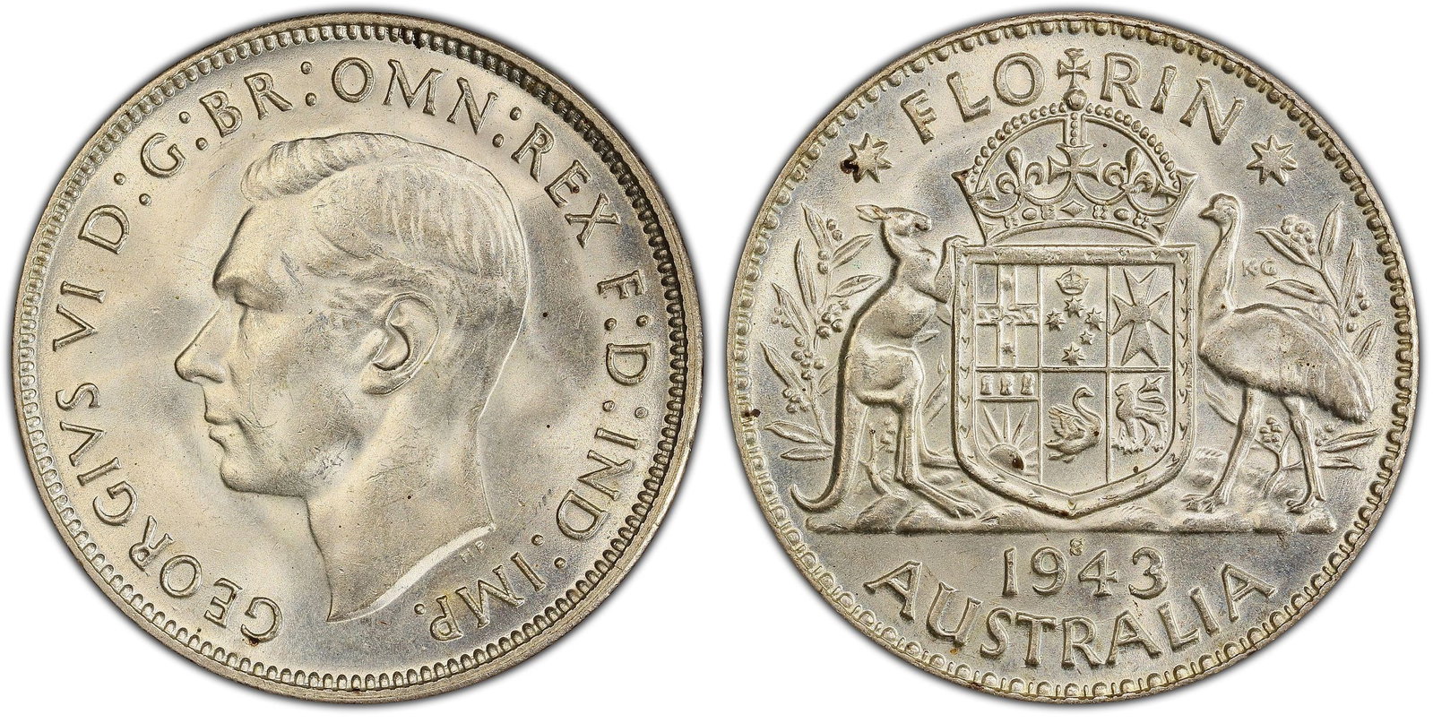 Australia 1943 S Florin, PCGS MS63: San Francisco Medium Coins, Monies & Stamps Exhibited Coins, Australia & New Zealand