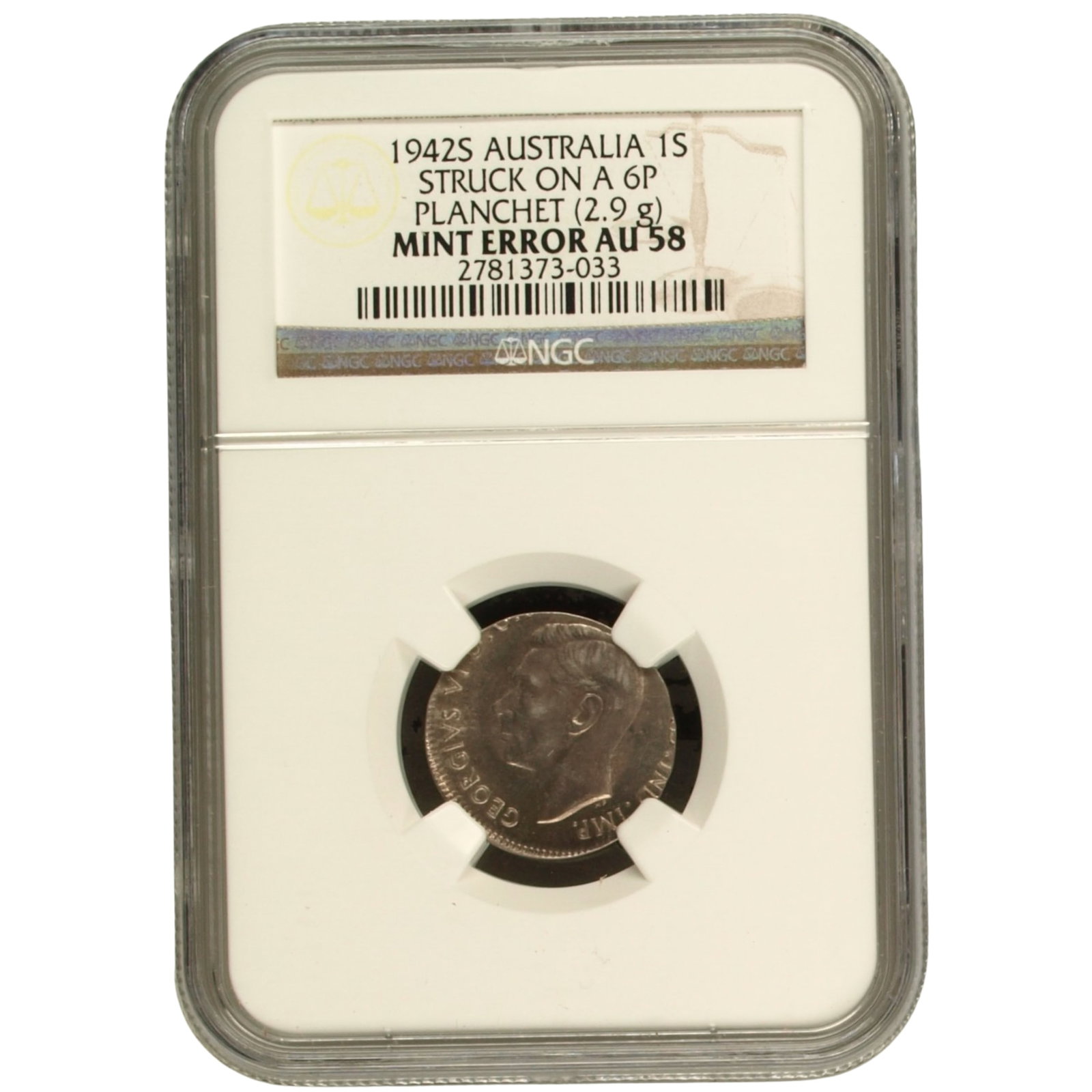 Australia 'Mint Error' 1942 S 1/- struck on a 6d Planchet, NGC AU58 (looks better): Rare San Francisco Mint error. Medium Coins, Monies & Stamps Exhibited Coins, Australia & New Zealand