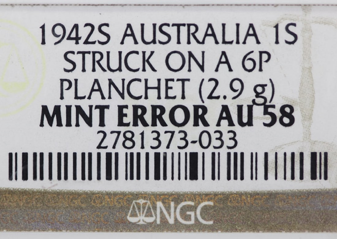 Australia 'Mint Error' 1942 S 1/- struck on a 6d Planchet, NGC AU58 (looks better) - 4