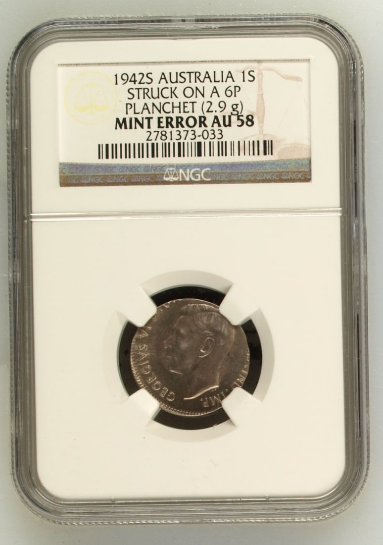 Australia 'Mint Error' 1942 S 1/- struck on a 6d Planchet, NGC AU58 (looks better) - 5
