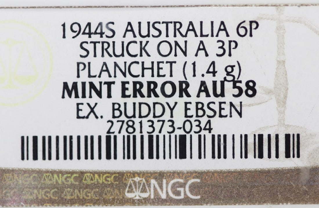 Australia 'Mint Error' 1944 S 6d struck on a 3d Planchet, NGC AU58 (looks better) - 4