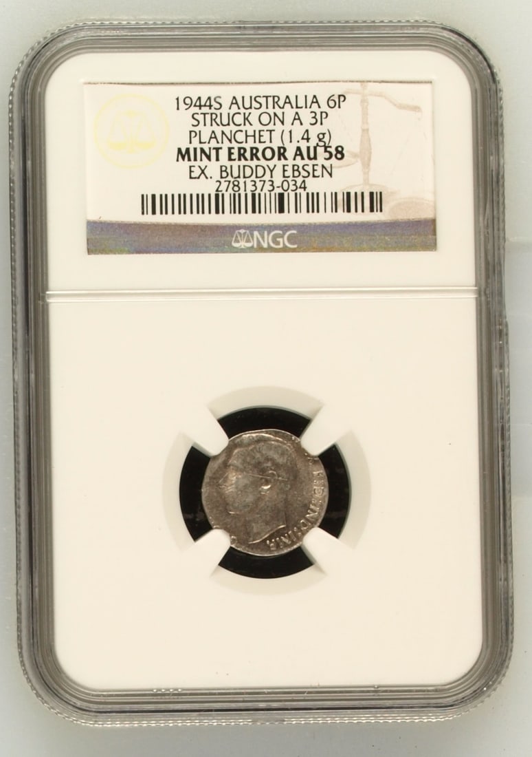 Australia 'Mint Error' 1944 S 6d struck on a 3d Planchet, NGC AU58 (looks better) - 5