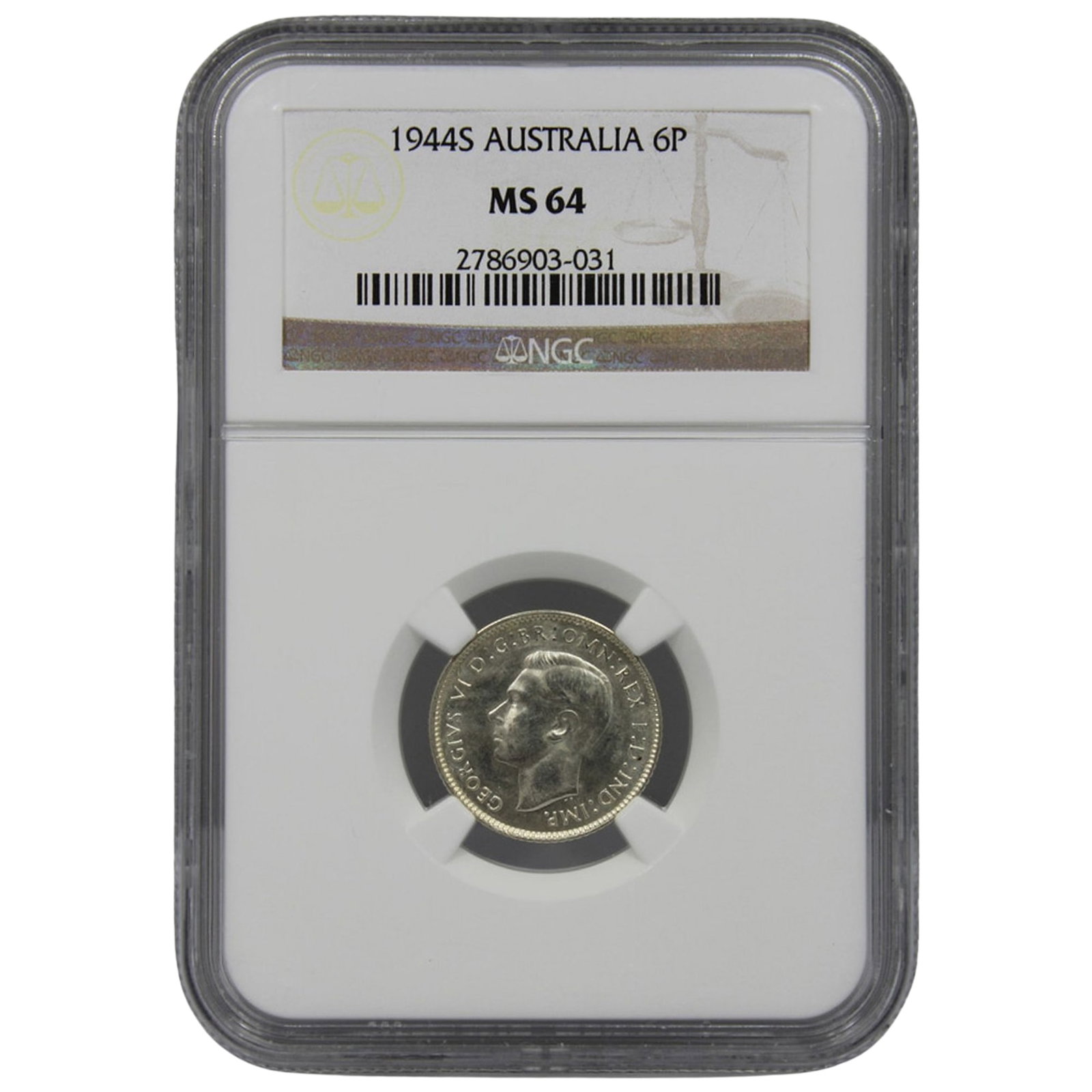 Australia 1944 S Sixpence, NGC MS64: San Francisco Mint. 'Contact Novelty Hoard' Condition near Gem Medium Coins, Monies & Stamps Exhibited Coins, Australia & New Zealand