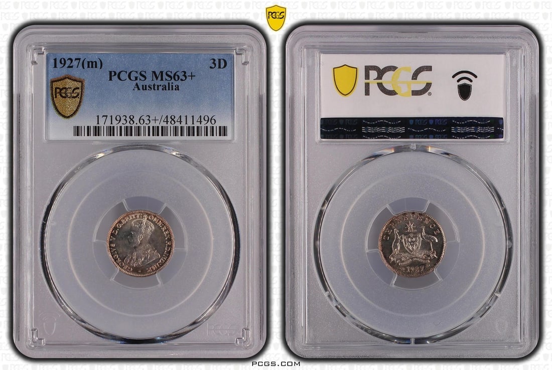 Australia 1927 Threepence, PCGS MS63+ (Pop 1): George V Condition near Gem. Toned Medium Coins, Monies & Stamps Exhibited Coins, Australia & New Zealand