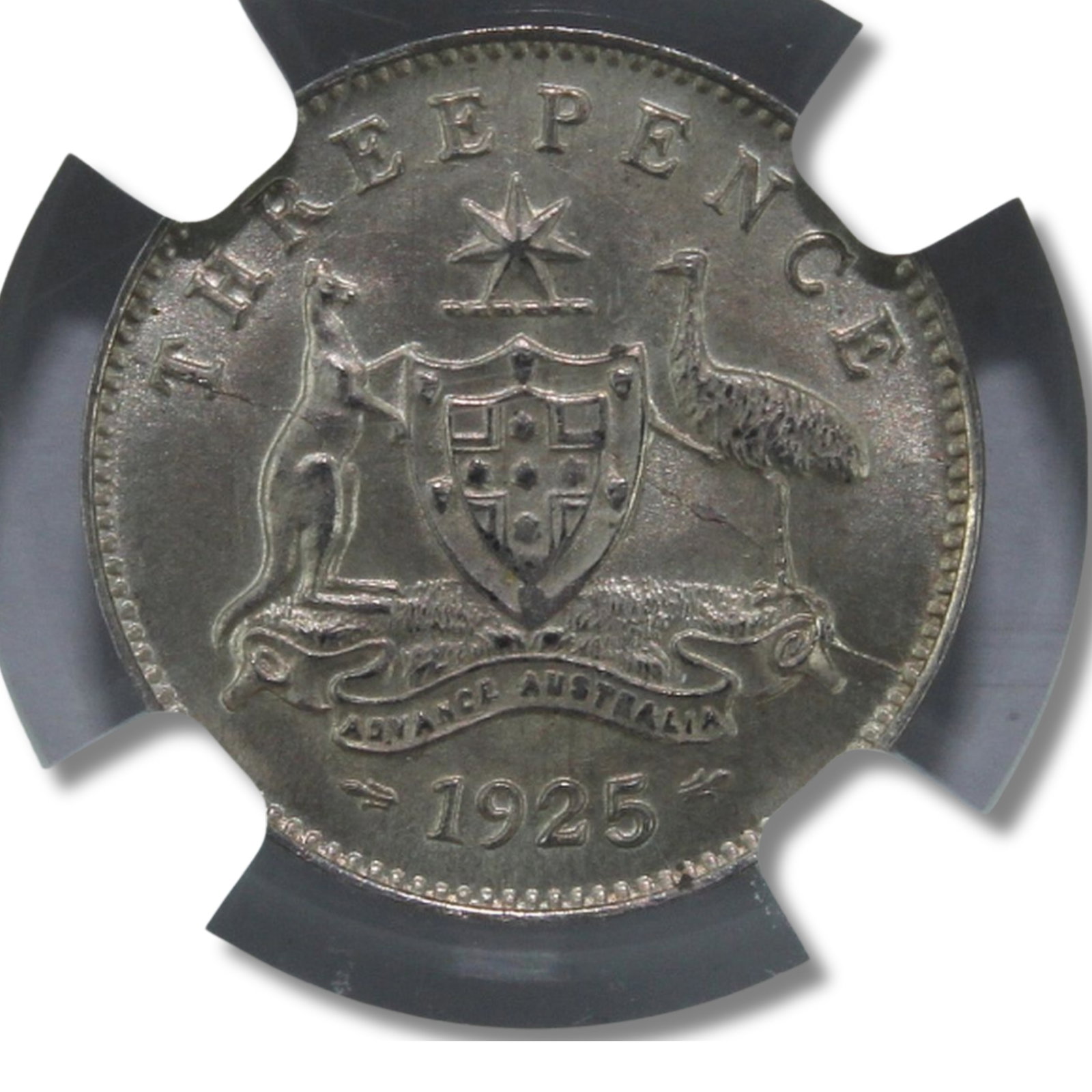 Australia 1925 Threepence, NGC MS64: George V Condition near Gem Medium Coins, Monies & Stamps Exhibited Coins, Australia & New Zealand