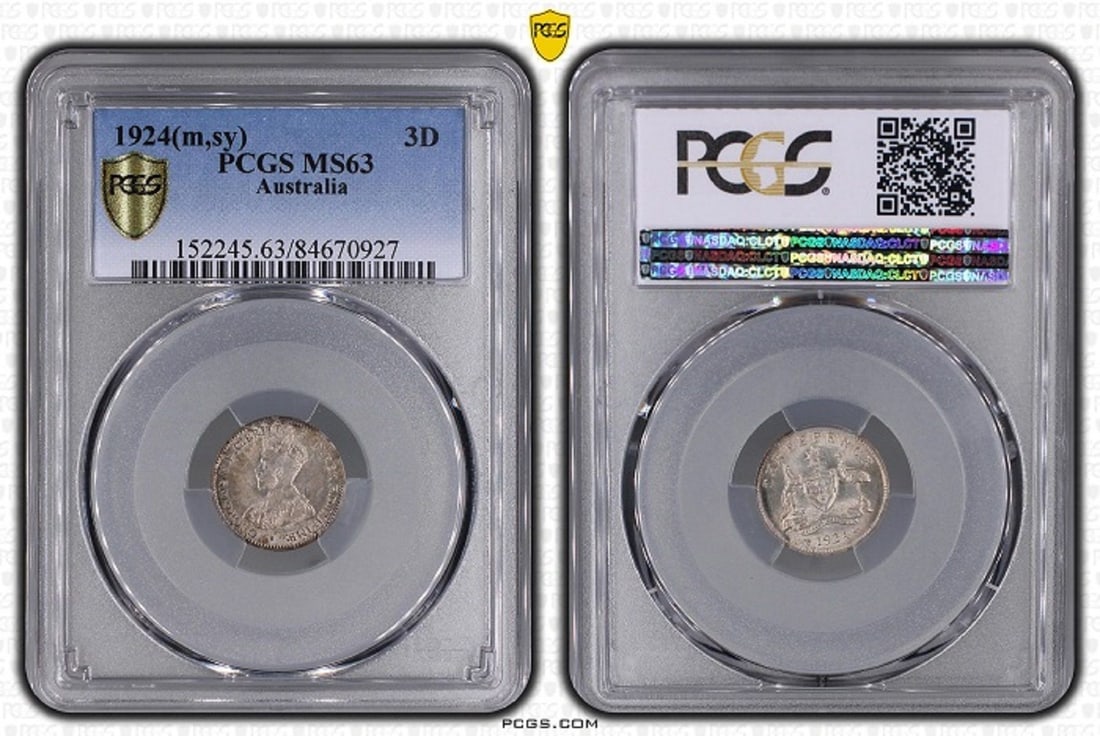 Australia 1924 Threepence, PCGS MS63: An underrated date. One of the finest known Medium Coins, Monies & Stamps
