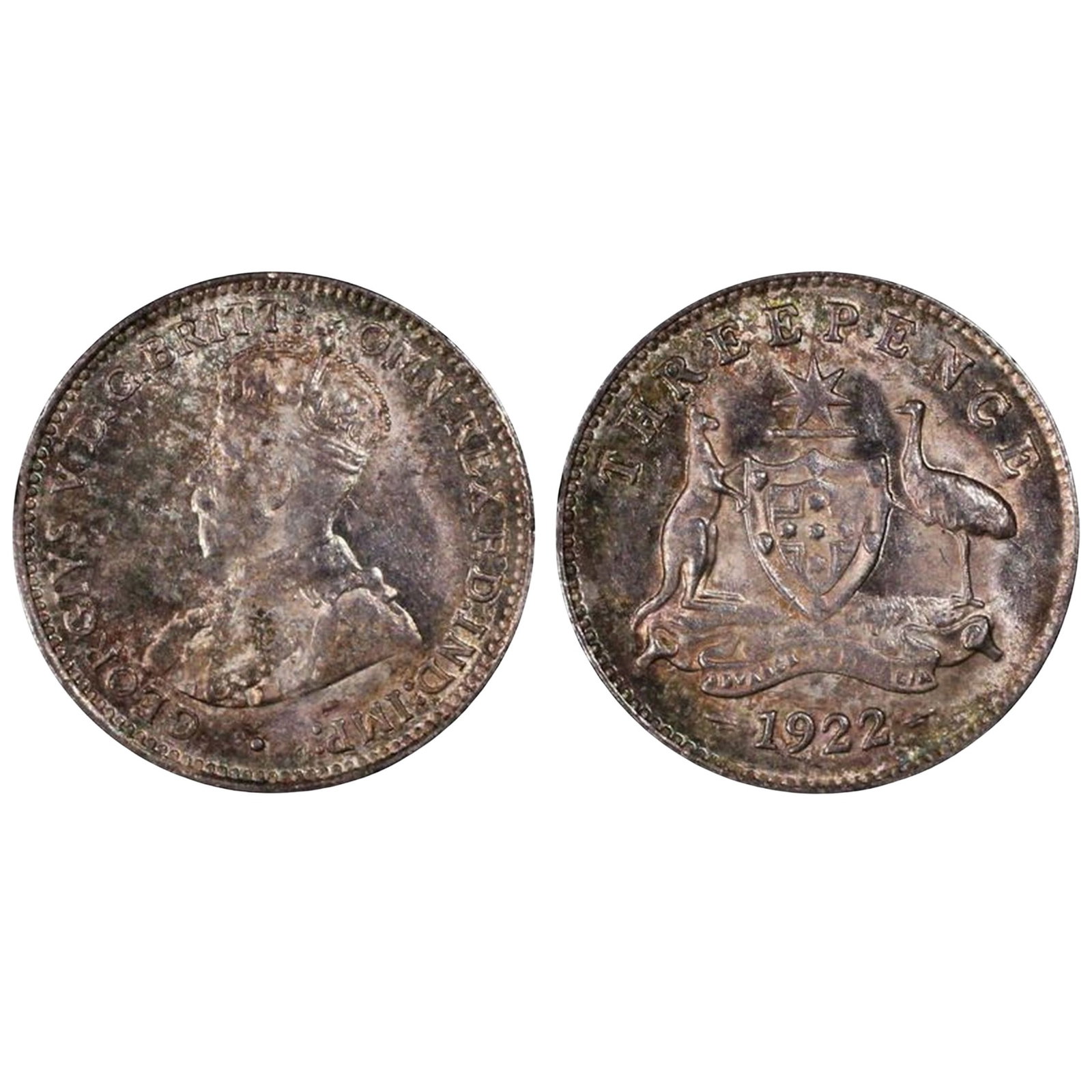 Australia 1922 Threepence, PCGS MS63 (Pop 12): George V Condition Choice Uncirculated. Heavily toned Medium Coins, Monies & Stamps Exhibited Coins, Australia & New Zealand