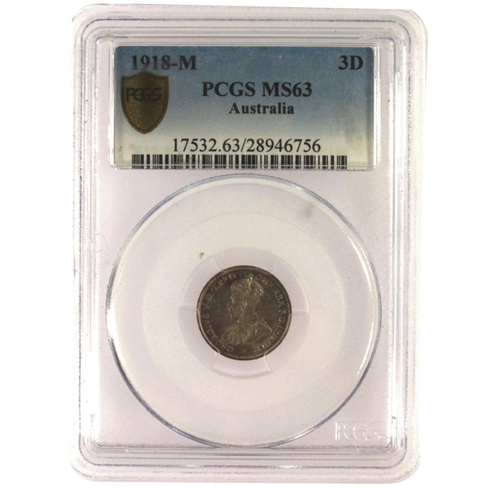 Australia 1918 M Threepence, PCGS MS63 (Pop 30): George V Condition Choice Uncirculated. Heavily Toned Medium Coins, Monies & Stamps Exhibited Coins, Australia & New Zealand