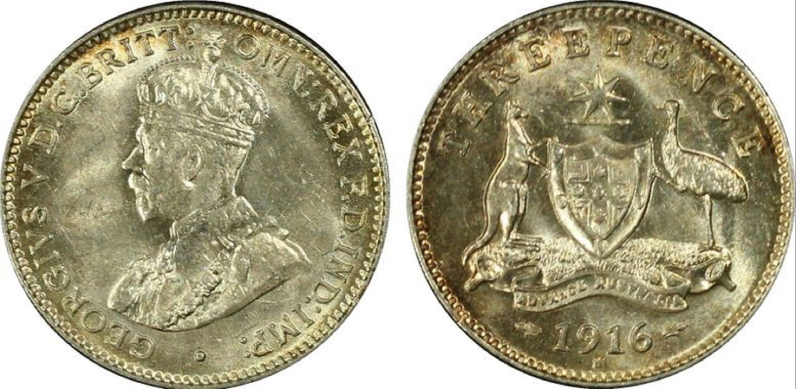 Australia 1916 M Threepence, PCGS MS63 (Pop 10): Highest grades PCGS MS64 (8) 65 (5) 66 (2) 67 (1) Condition Choice Uncirculated. Toned Medium Coins, Monies & Stamps Exhibited Coins, Australia & New Zealand