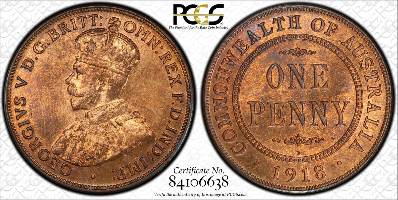 Australia 1918 I Penny, PCGS MS65 RB (Top of the Pops): Population 6 / Higher 0 Medium Coins, Monies & Stamps Provenance Ex the Benchmark Collection Literature As a result of the disruption to supply lines during World War I, the Calcutta branch of the