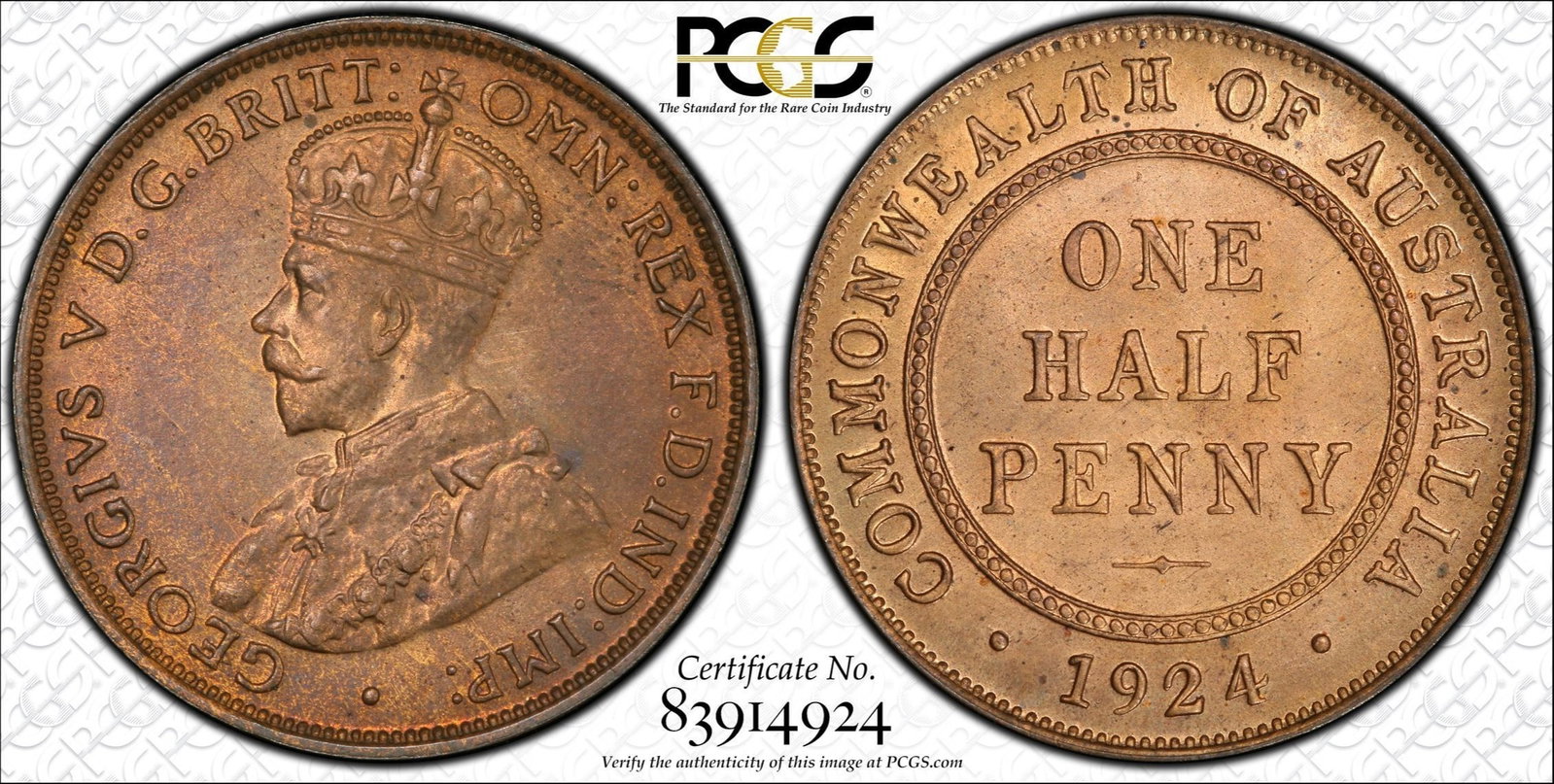 Australia 1924 Proof Halfpenny PCGS, PR64 R&B (Top of the Pops) (1 of 2)