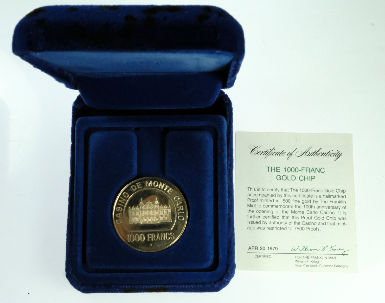Monte Carlo Casino Gold (500) Proof 1000 Franc Poker Chip, FDC - 5