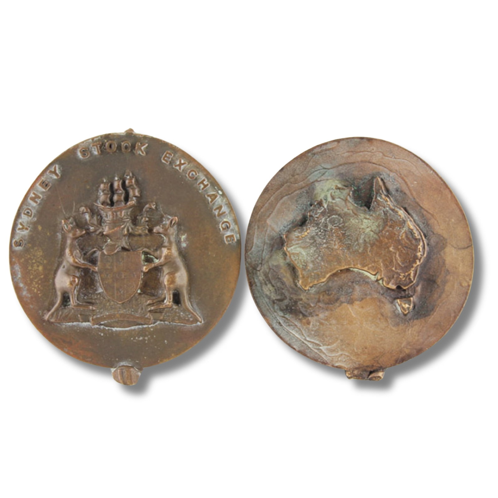 Australia Pair of Bronze Medallions for 'The Sydney Stock Exchange,' Virtually Uncirculated (2): circa 1940s. These bronze medallions were struck for the Sydney Stock Exchange, remaining virtually Uncirculated. Size Diameters 68mm Condition There is evidence that both are ex mount, but regardless