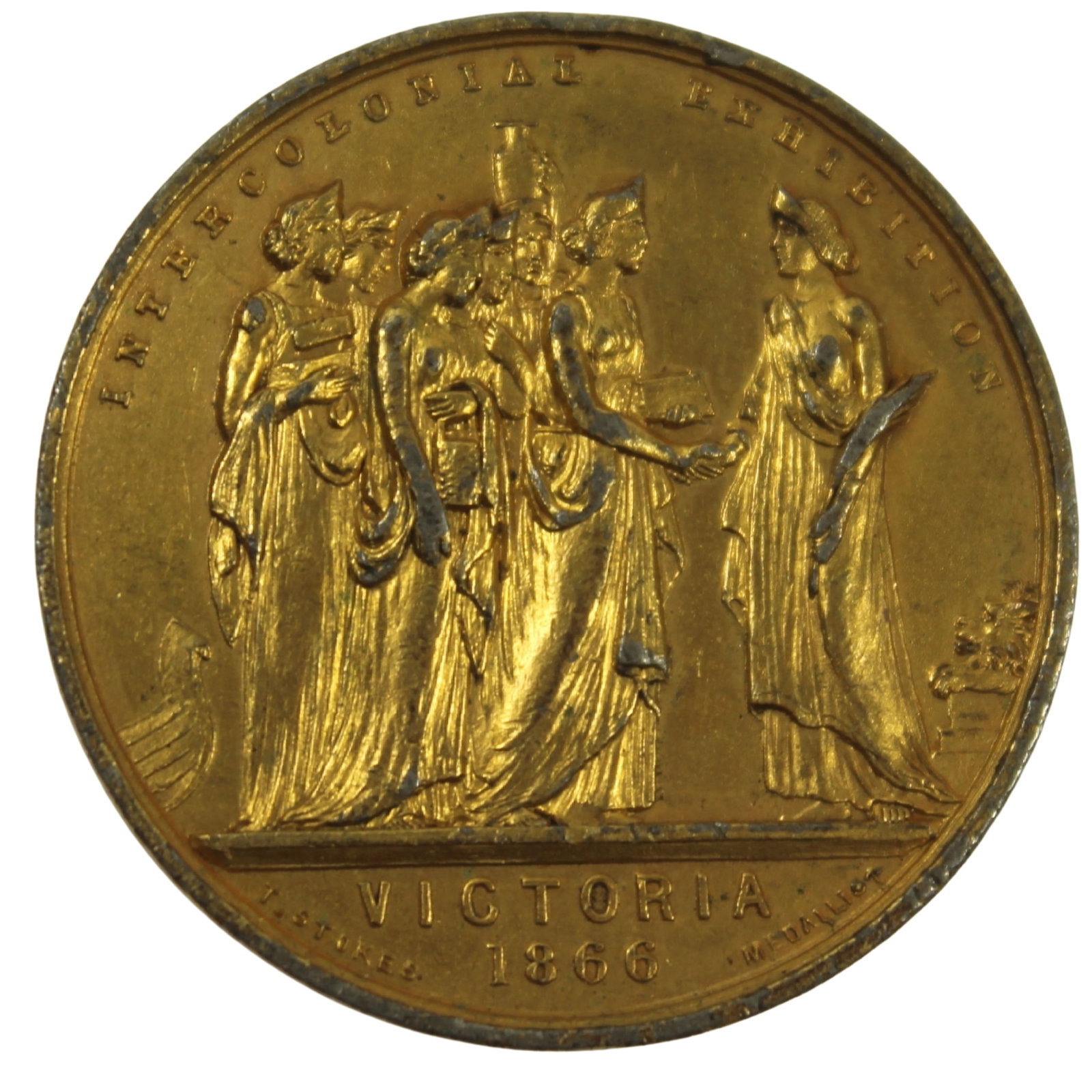 Australia 1866 Melbourne Intercolonial Exhibition Prize Medal in Gilt Bronze, good Extremely Fine: Unawarded Size Diameter 38mm Literature Award medal in gilded bronze by T.Stokes. Obverse is the personification of Victoria standing and facing left while holding a palm in her left hand and