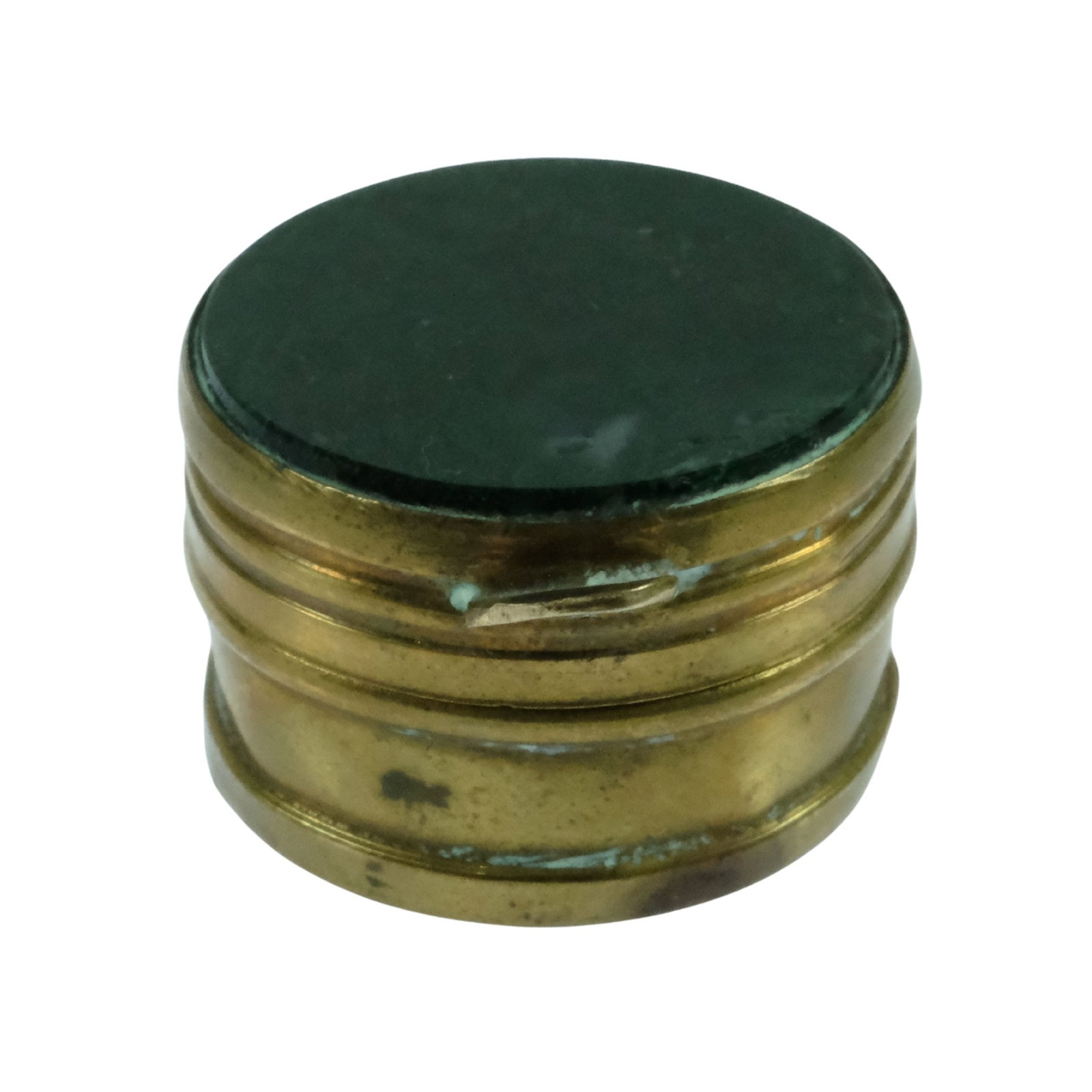 Small hinged-top Brass Pill Box with Mossy Agate inserts: . Size Diameter 2cm