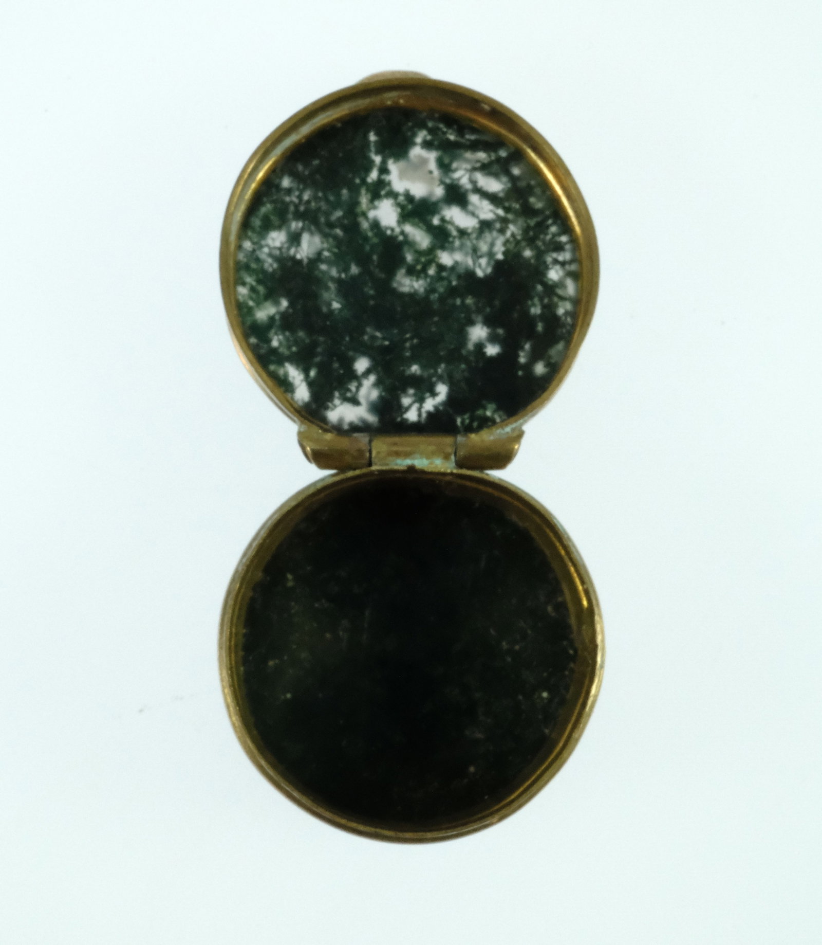 Small hinged-top Brass Pill Box with Mossy Agate inserts - 2