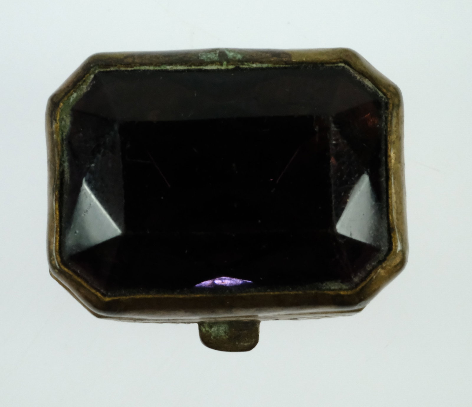 Vintage Small hinged-top Brass Pill Box with Faux Amethyst Jewel Top - 2