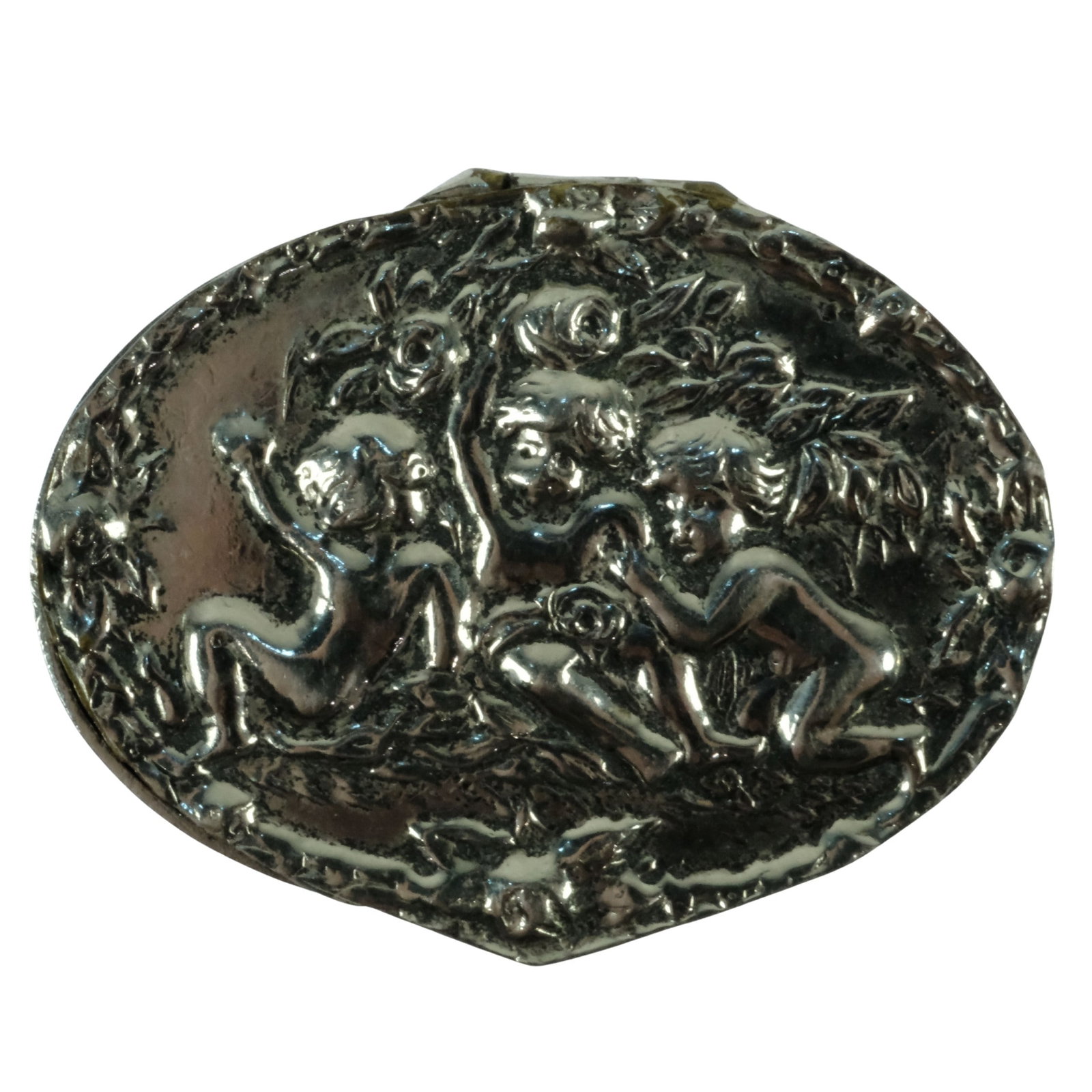 Vintage Silver-plate Hinged-top Oval Pill Box with pressed Cherub design: . Size 4.5x3.5cm