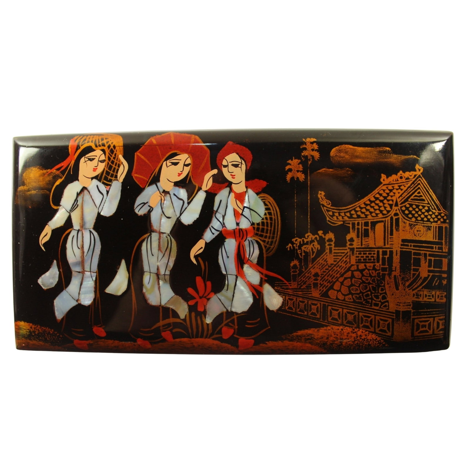 Lacquered Wooden Jewellery Box with Mother of Pearl Inserts: Japanese Size 9 x 17.5 cm Medium Jewellery Box